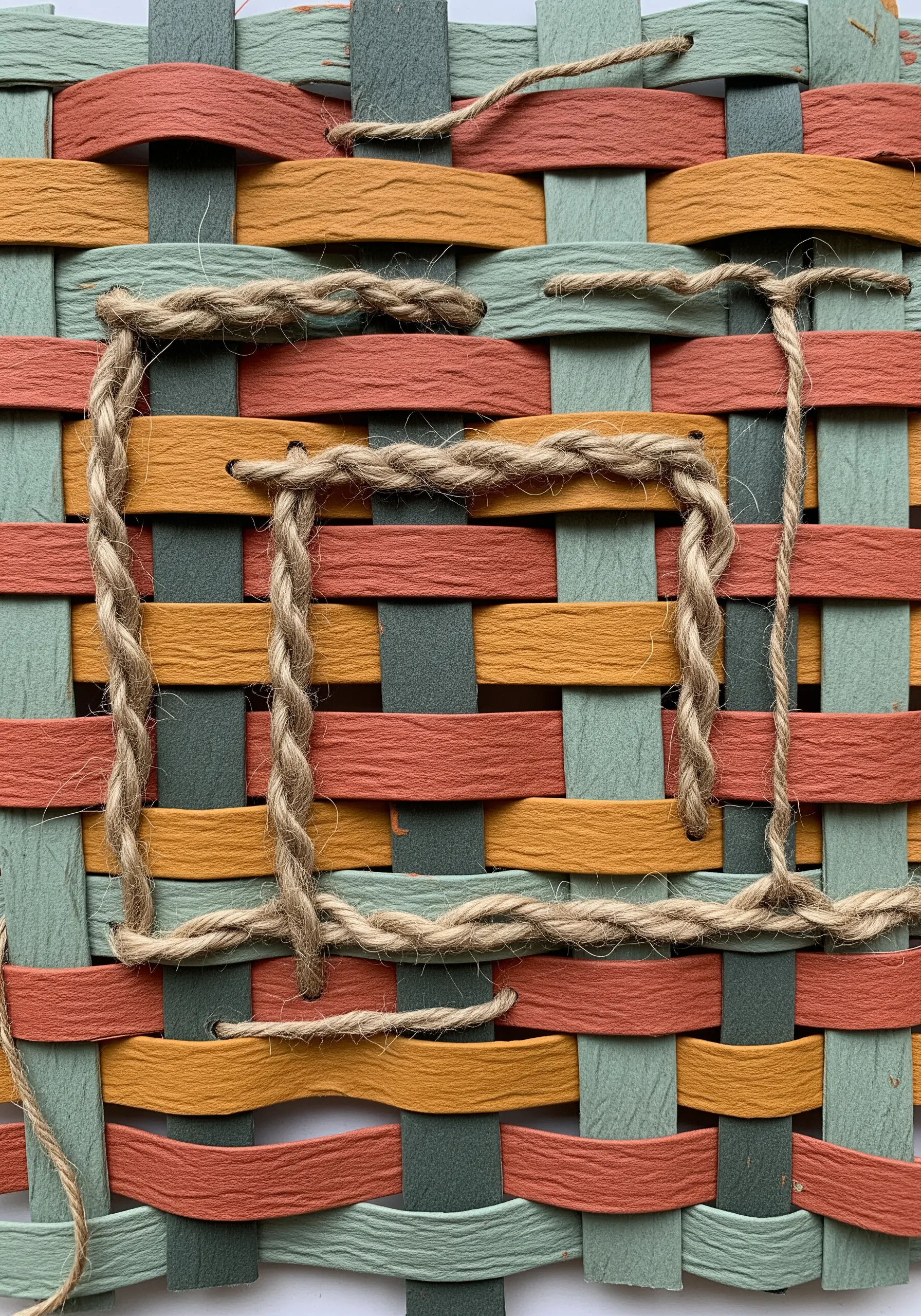 Braided jute twine couched in a square pattern onto a woven paper surface of earth tones.