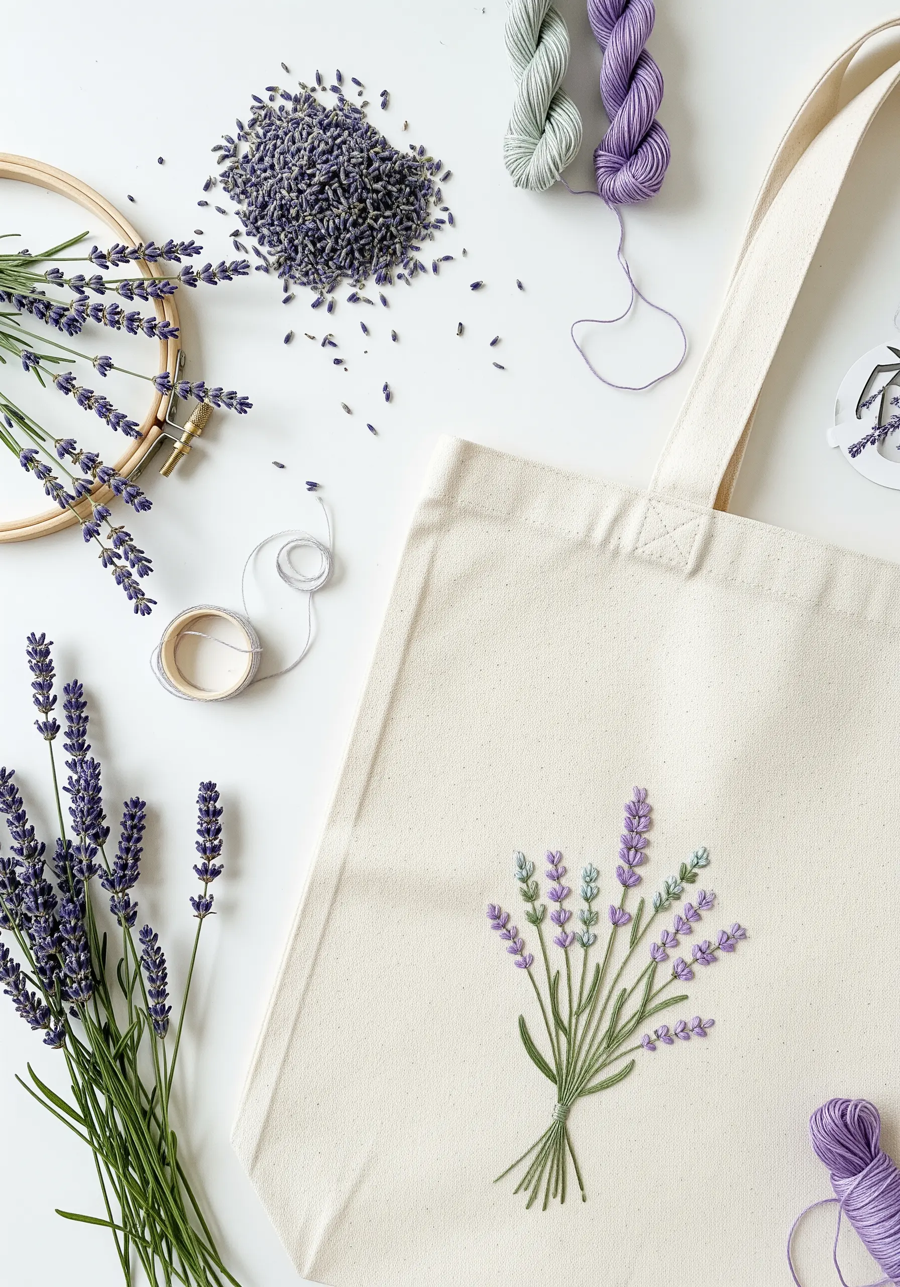 A bouquet of lavender embroidered on a canvas tote bag, using French knots for the flowers.