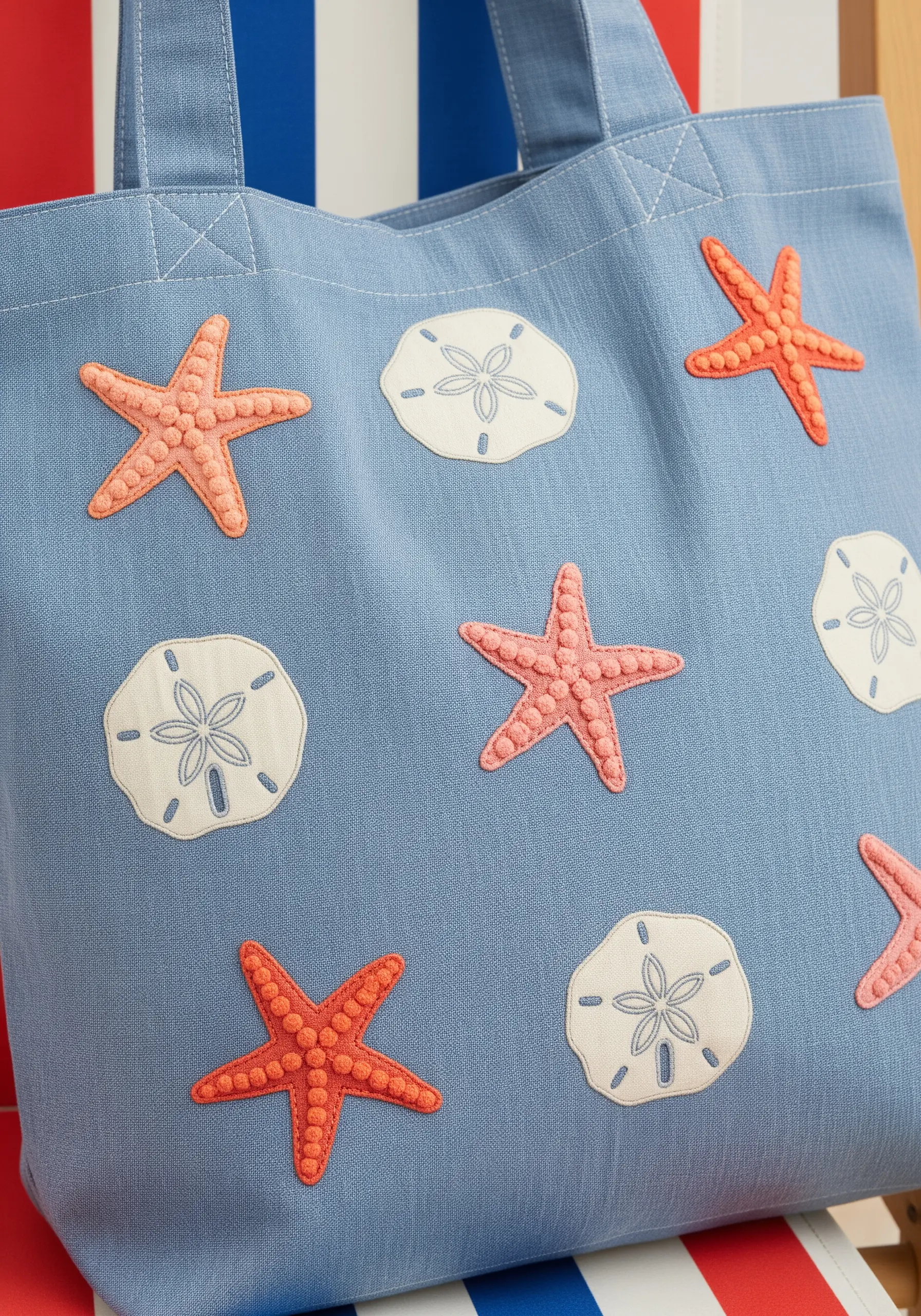 Appliqué starfish with French knots and embroidered sand dollars on a blue tote bag.