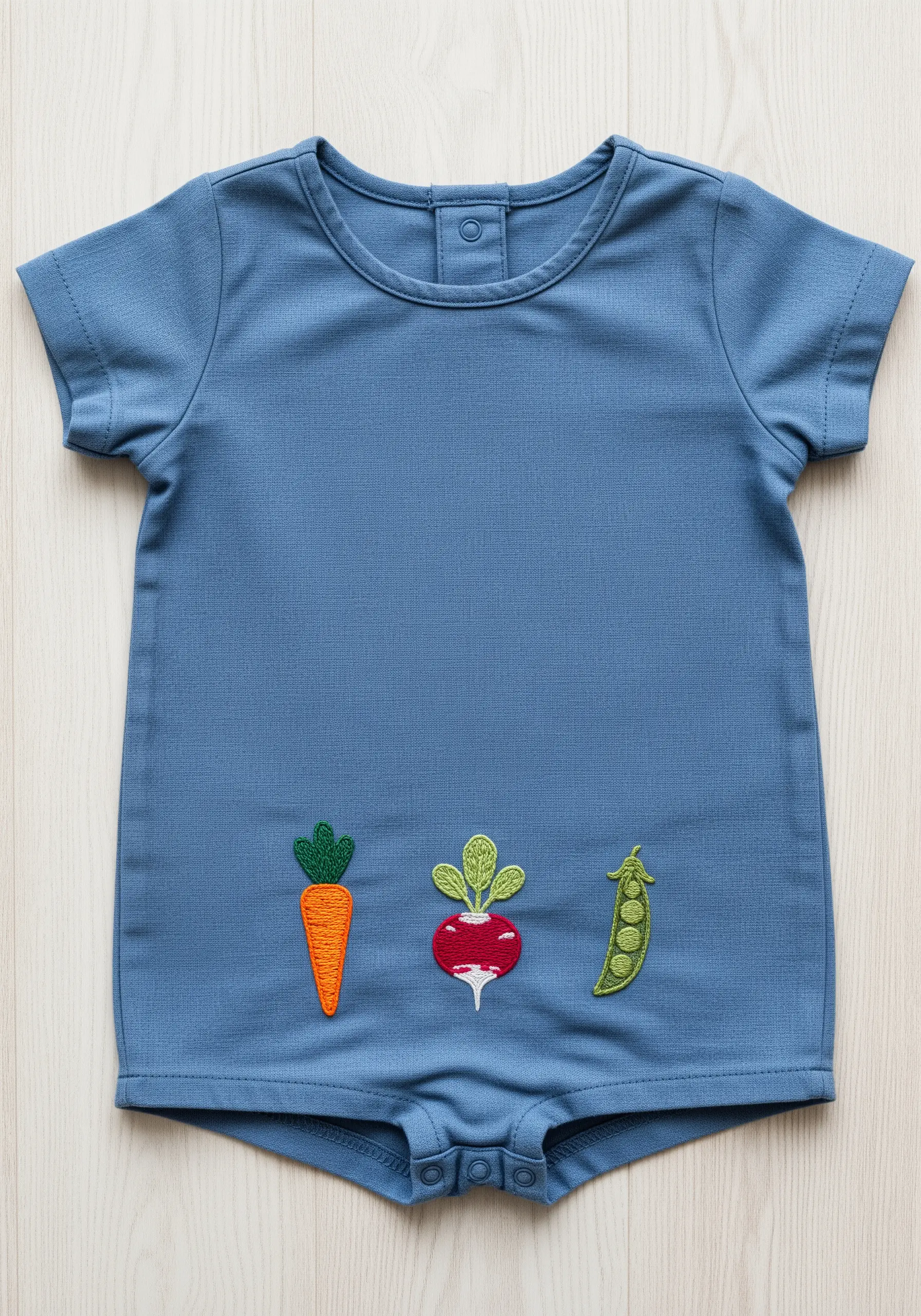 Felt appliqué vegetables with embroidered textures on a blue baby romper.