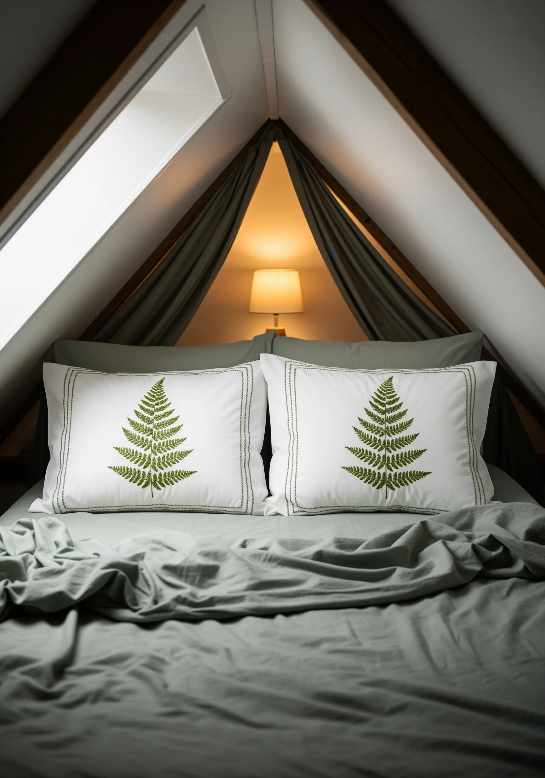 Two white pillows embroidered with detailed green fern leaves in a cozy attic room.