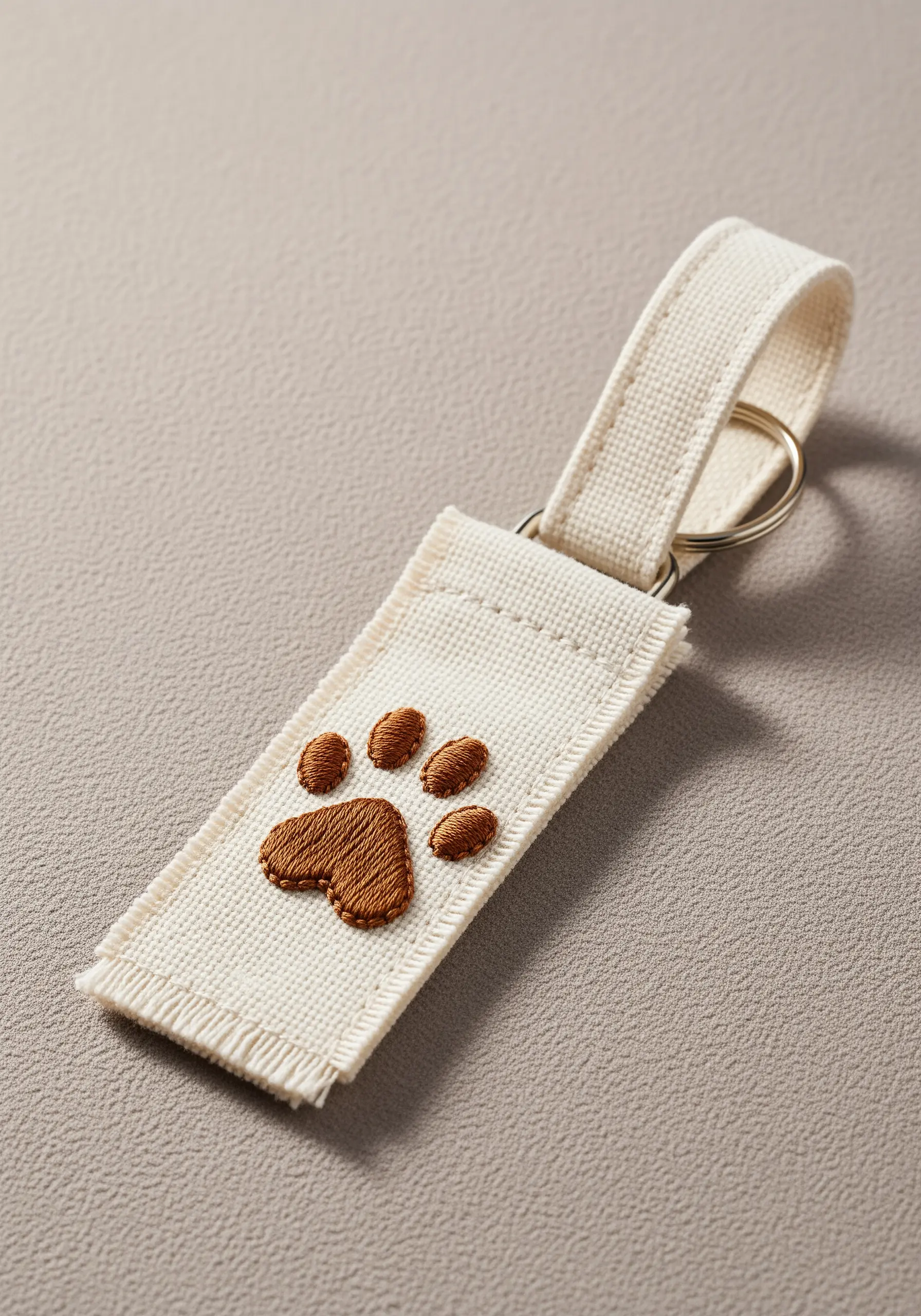 An embroidered paw print on a small canvas keychain with a frayed edge.