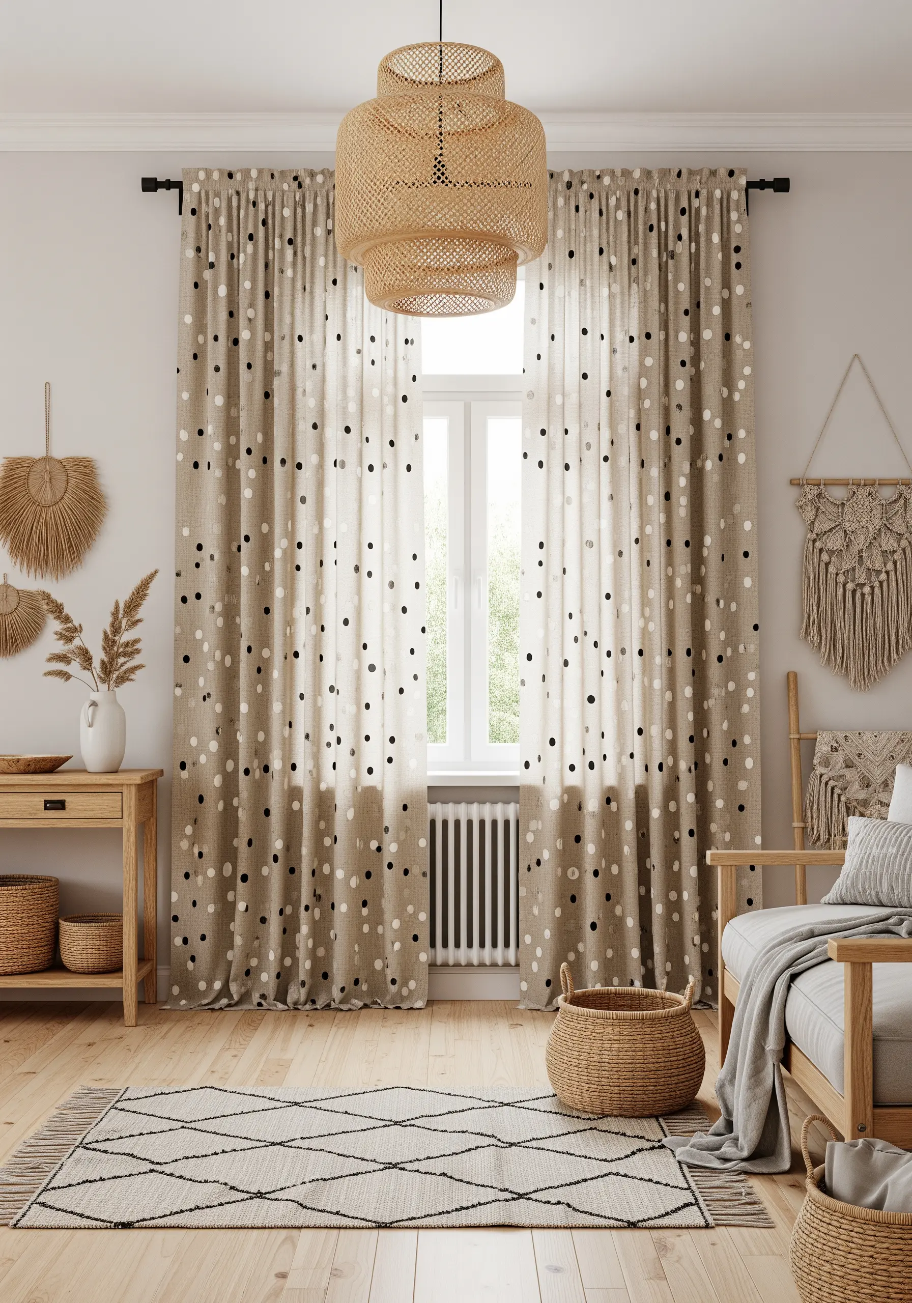 Black, white, and grey embroidered polka dots on a neutral linen curtain.