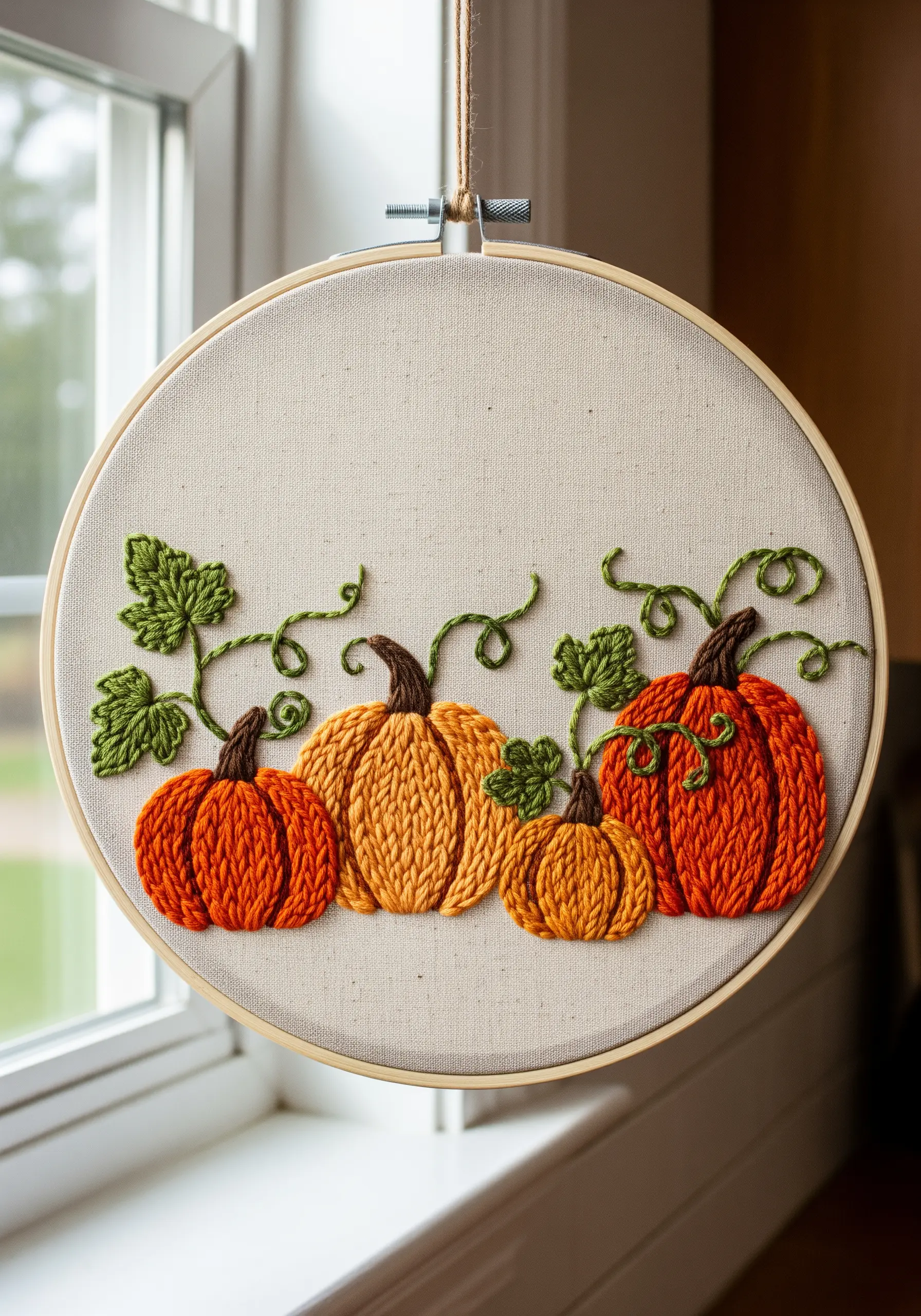Embroidered pumpkins in a hoop using thick yarn for a raised, textured effect.