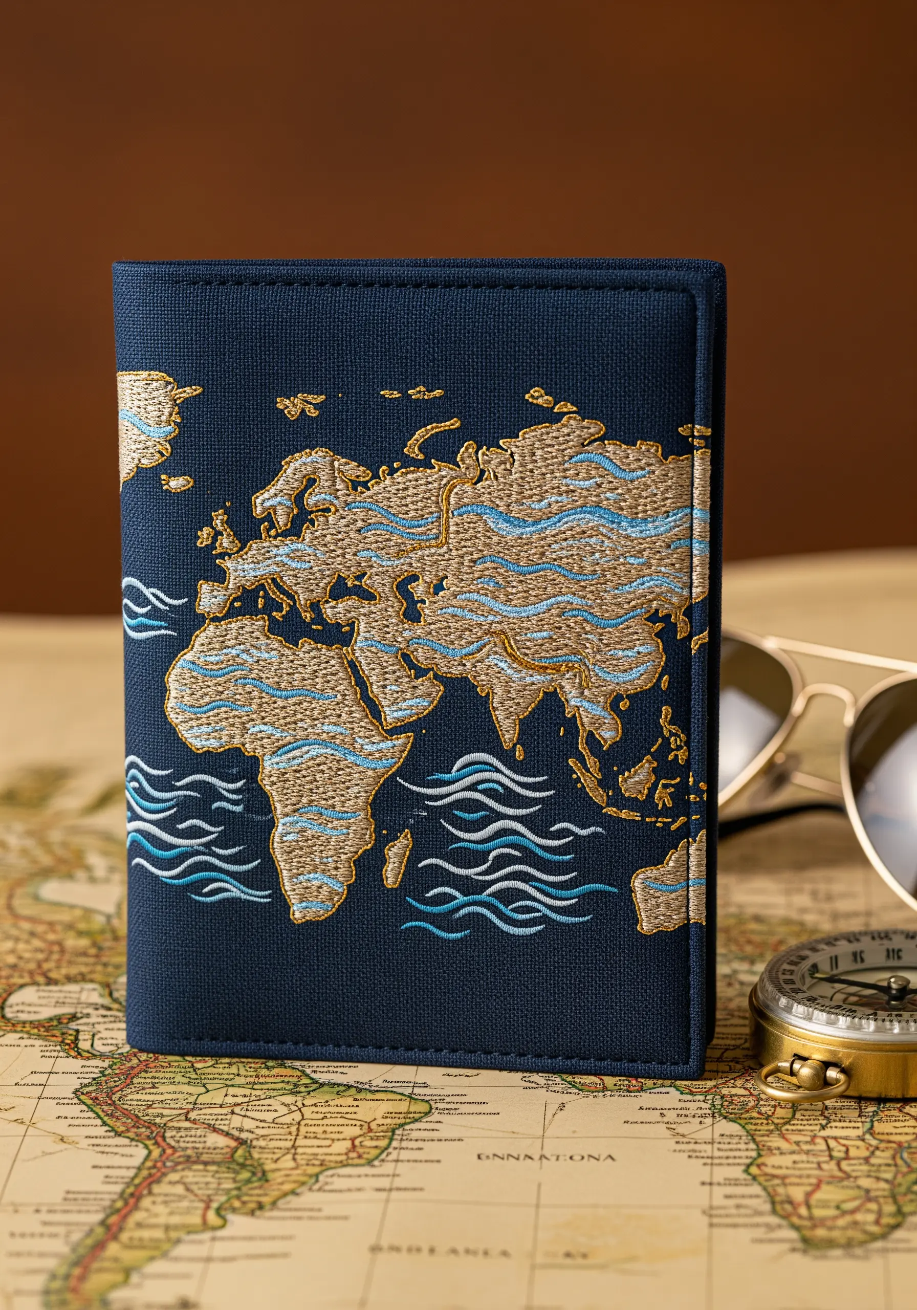 A world map embroidered on a navy passport cover with textured land and wavy ocean stitches.