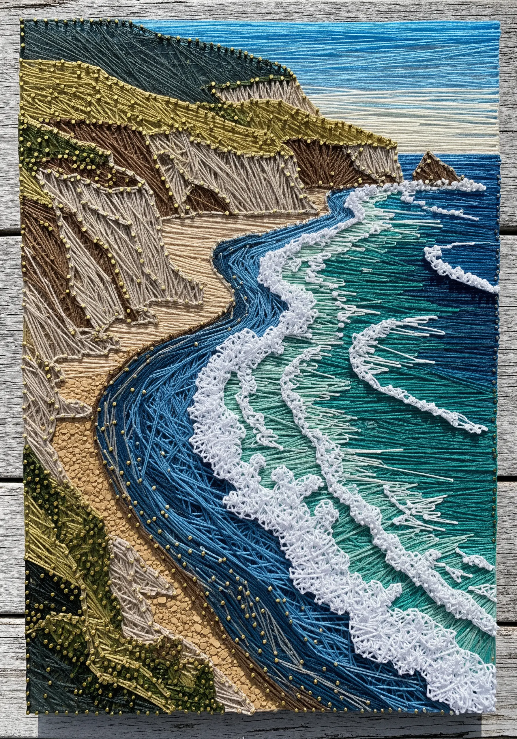 String art of a coastline with textured white waves, cliffs, and a sandy beach.