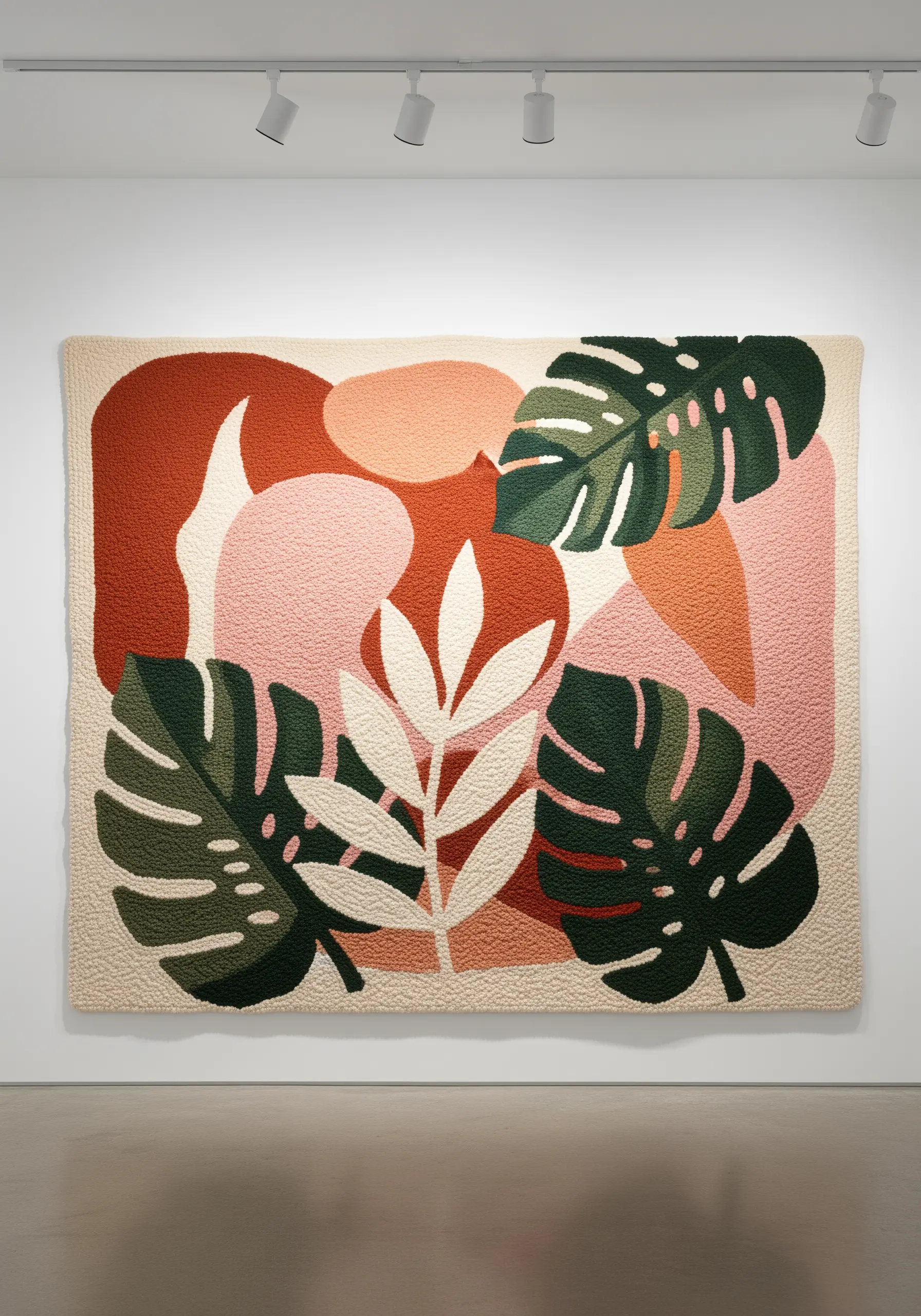 Large punch needle wall art with abstract shapes and monstera leaf motifs.