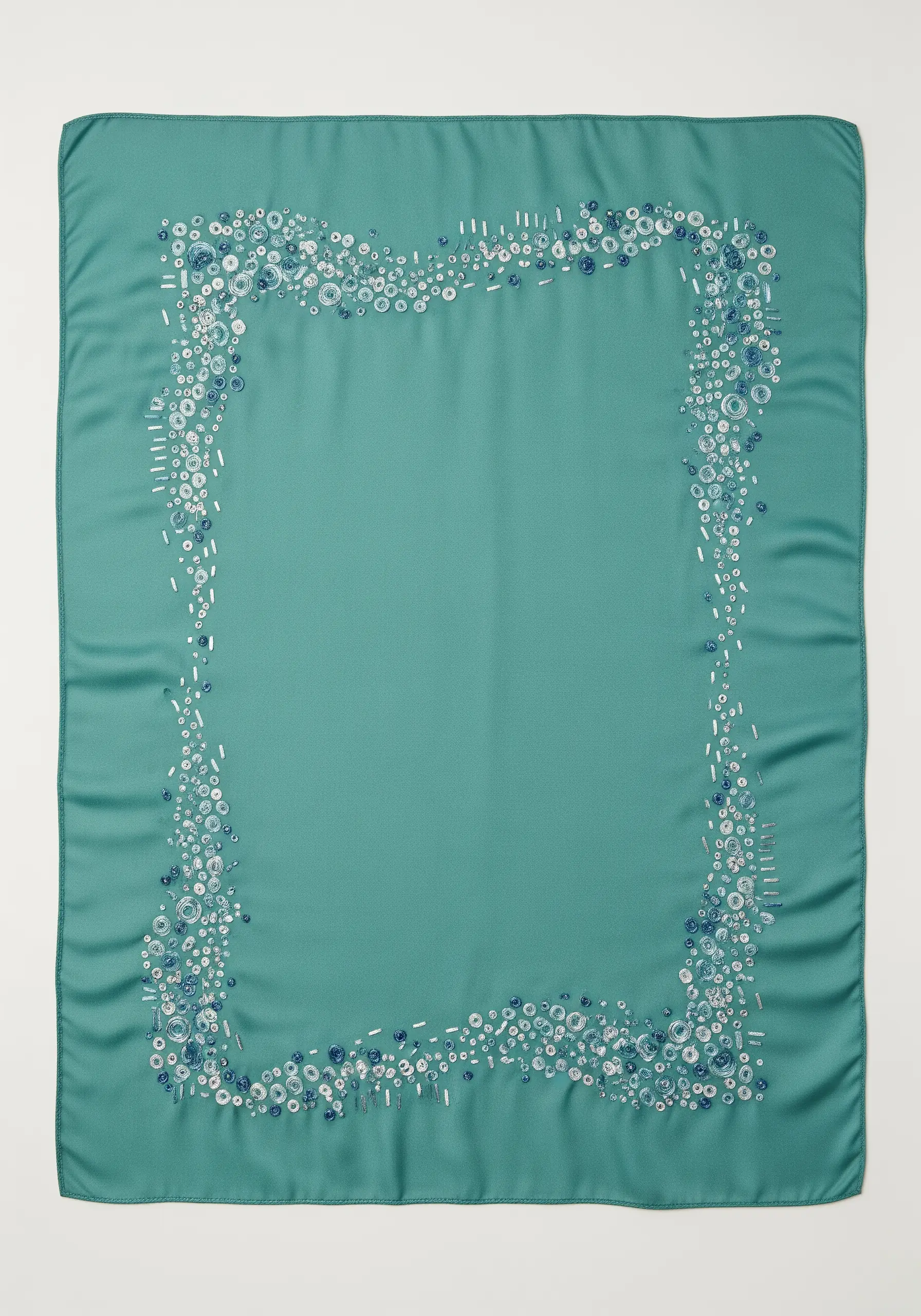An abstract border of blue and white circles and dashes on a teal silk scarf.