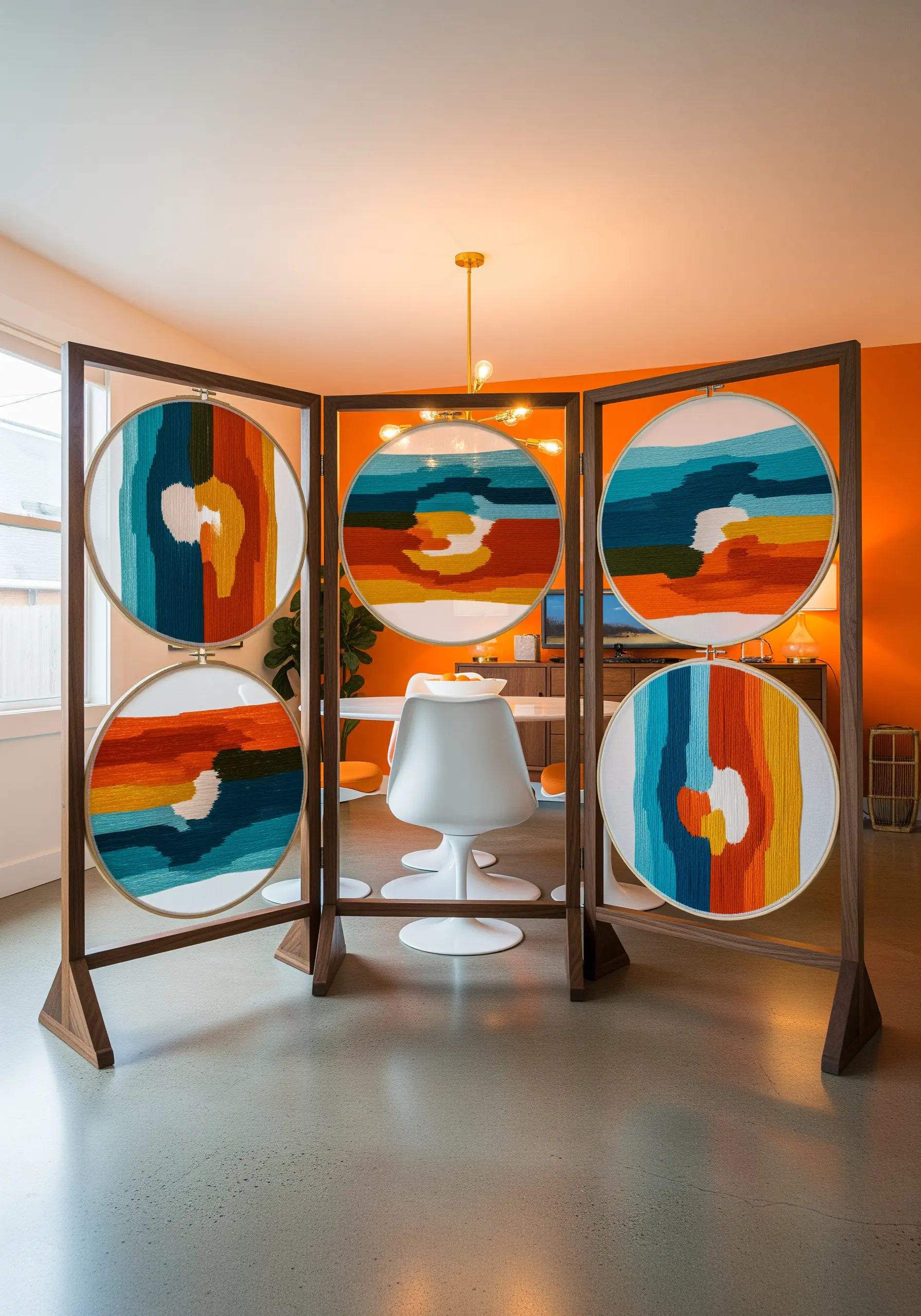 Abstract color-blocked embroidery using dense fill stitches in large hoops.