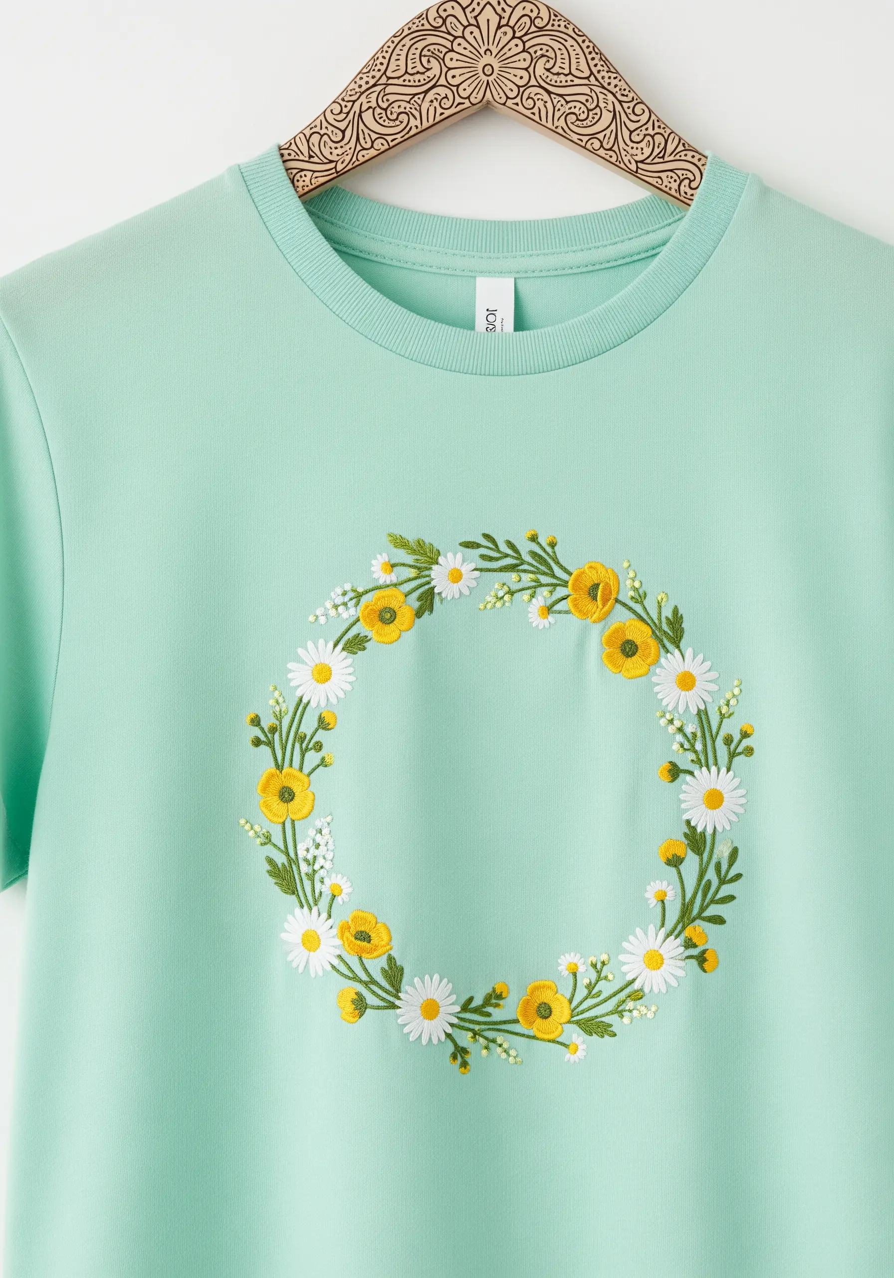 Embroidered wreath of daisies and buttercups around the neckline of a mint green t-shirt.