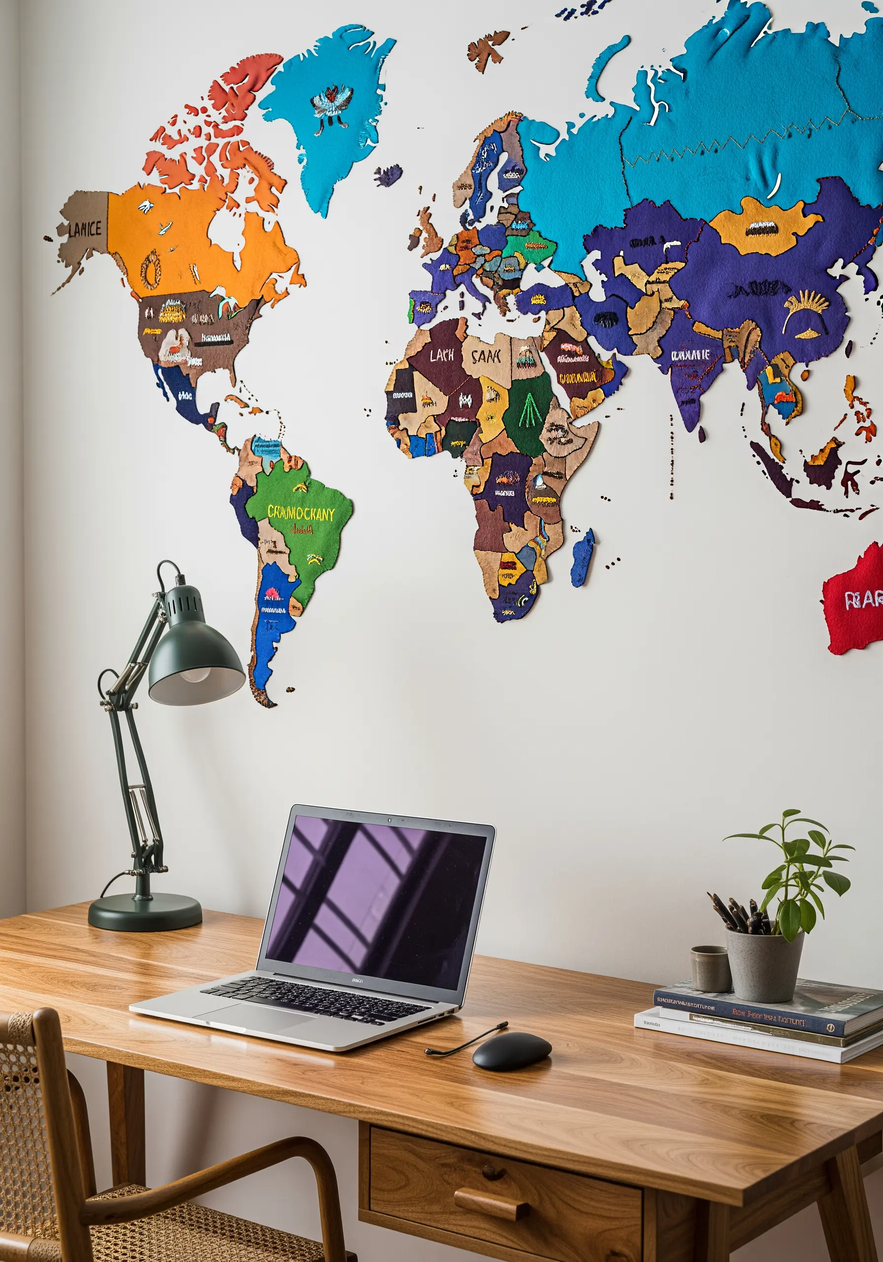 A large wall map made from different colored and textured appliqué fabric pieces.