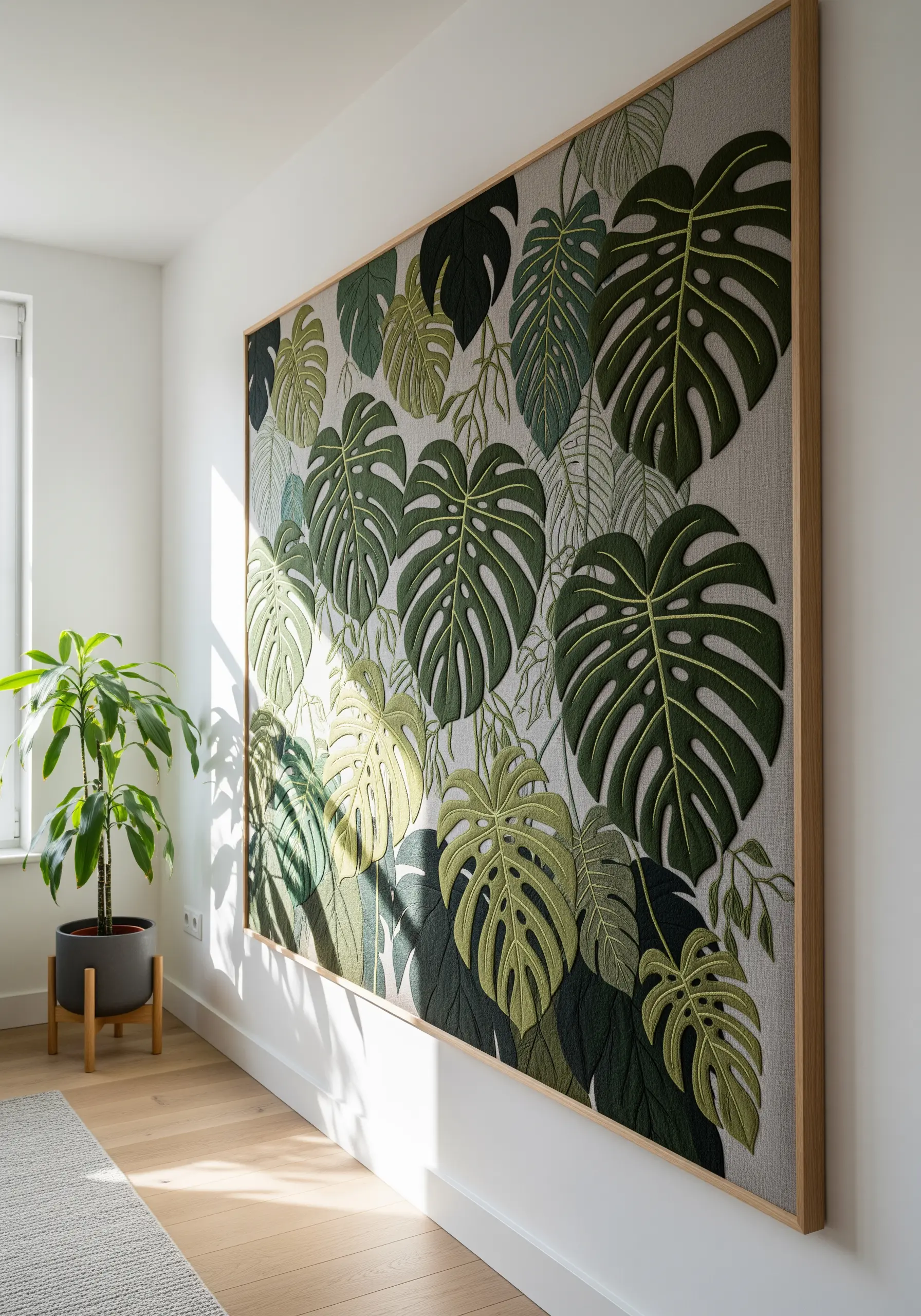 Large-scale framed textile art of layered monstera leaves with embroidered details.
