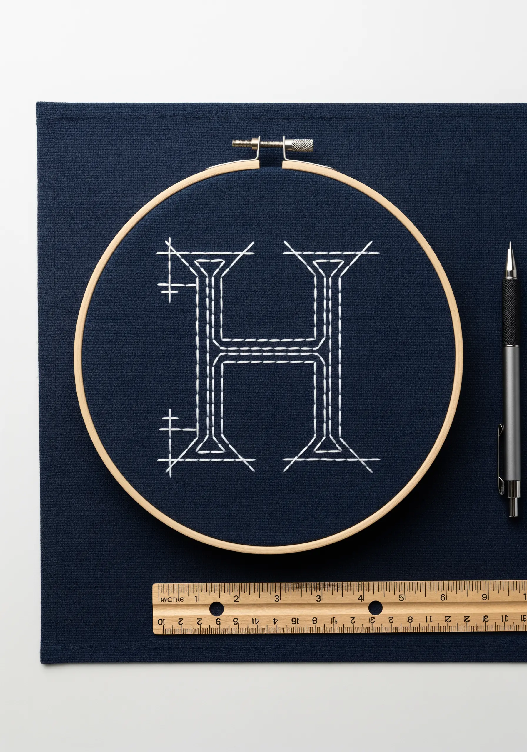 Architectural 'H' monogram in white backstitch on navy fabric.