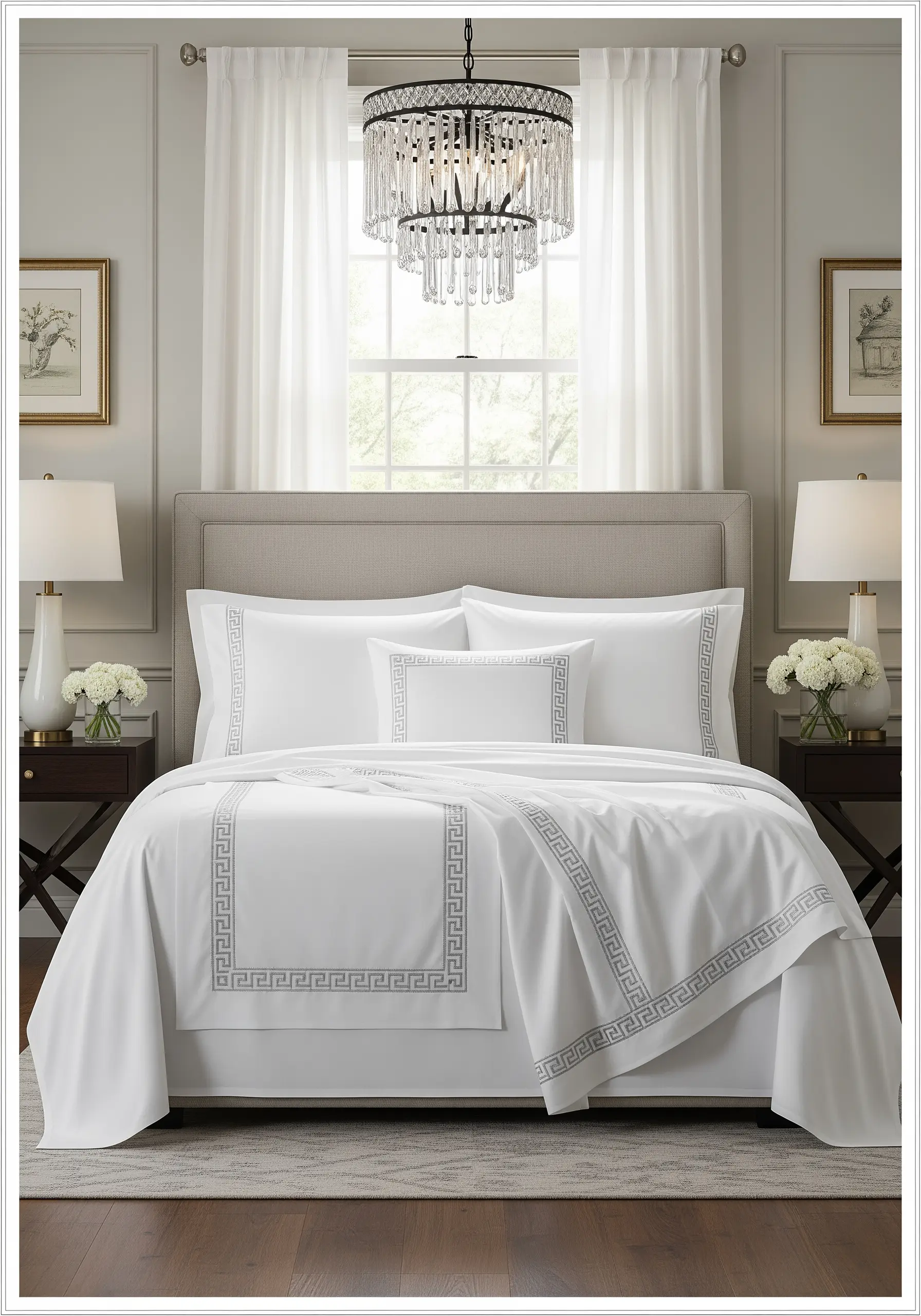 A classic Greek key border embroidered in grey thread on crisp white bed linens.