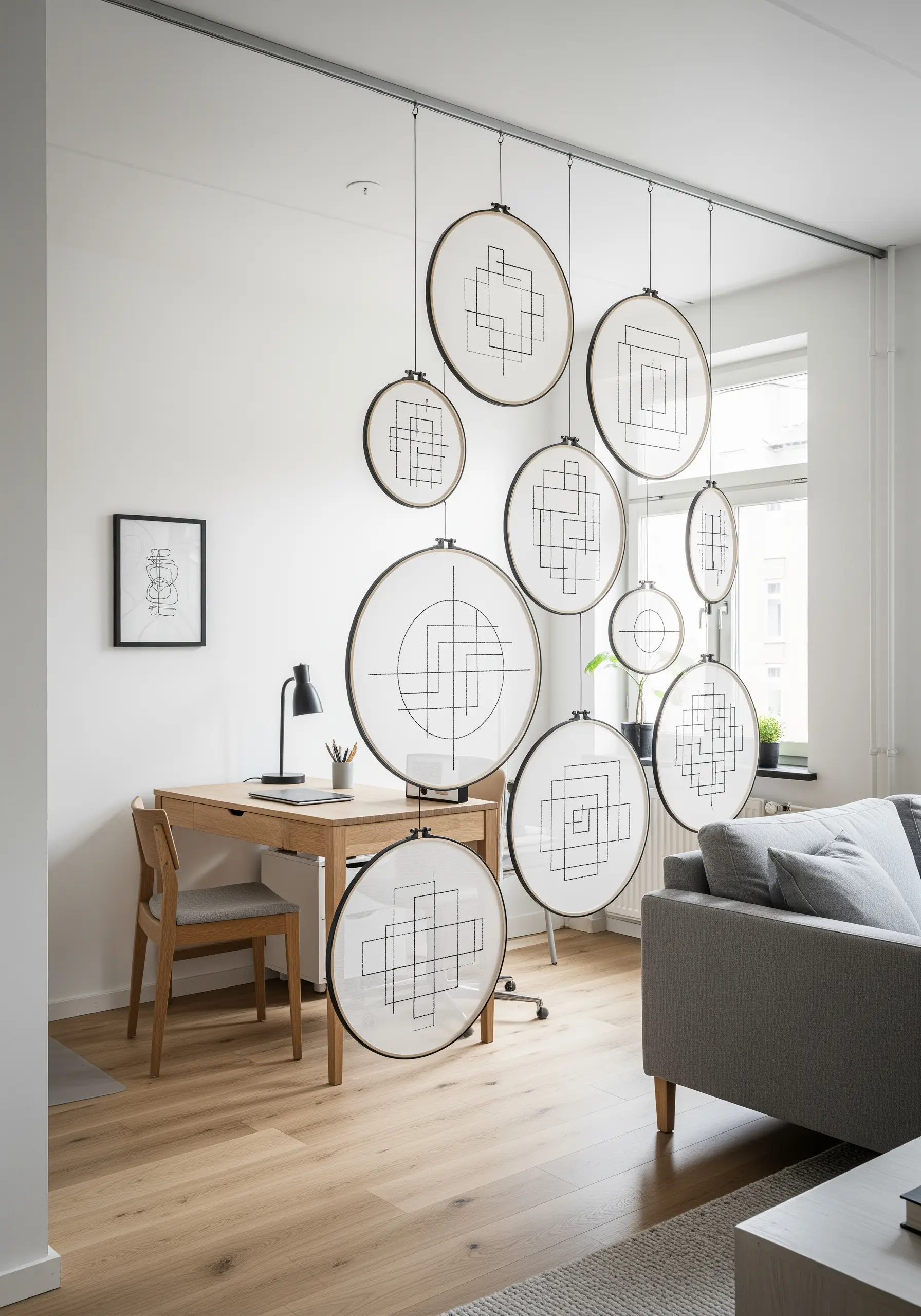 Minimalist geometric black line embroidery on sheer white fabric in black hoops.