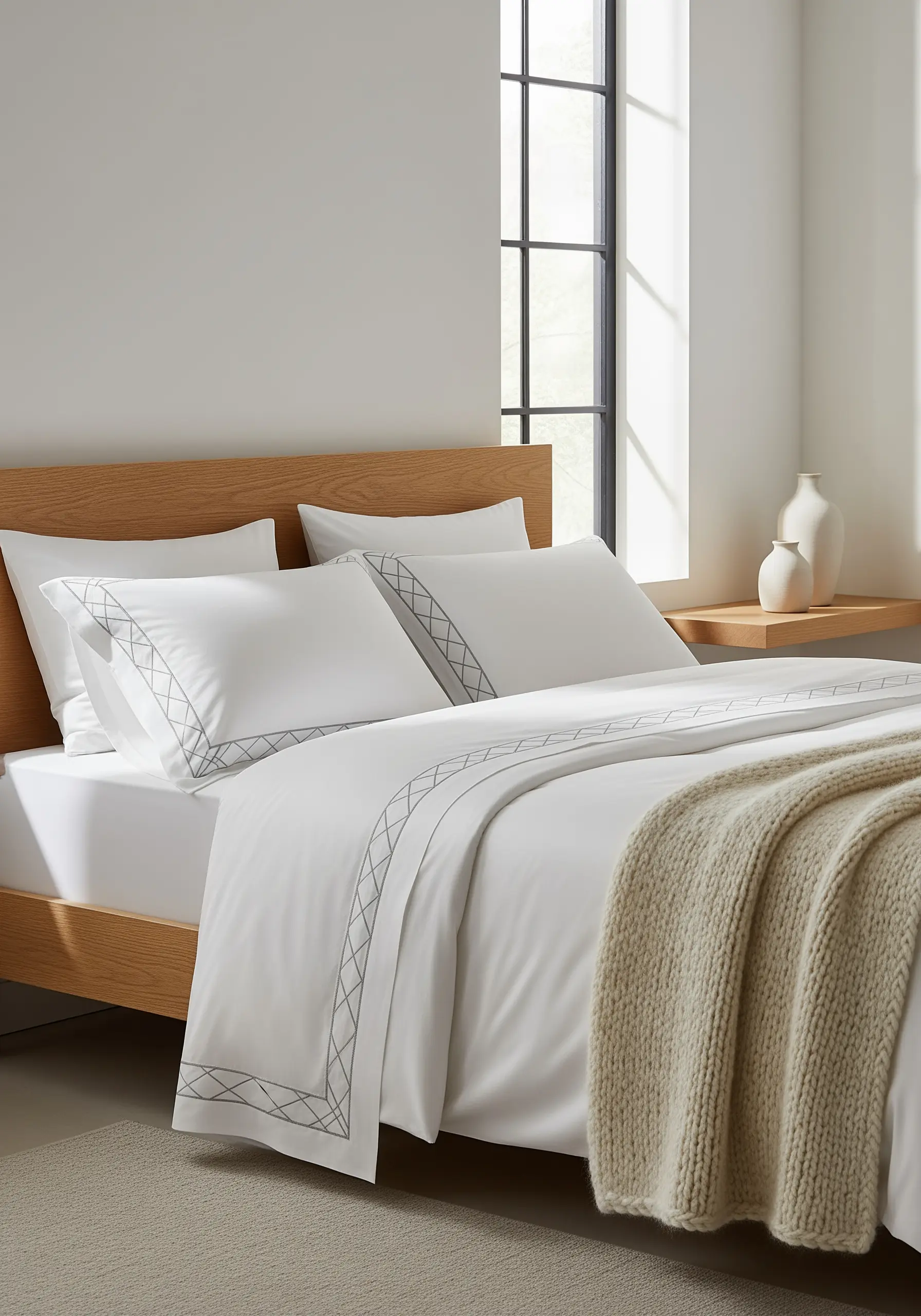 Geometric embroidered border in grey thread on a white pillowcase.