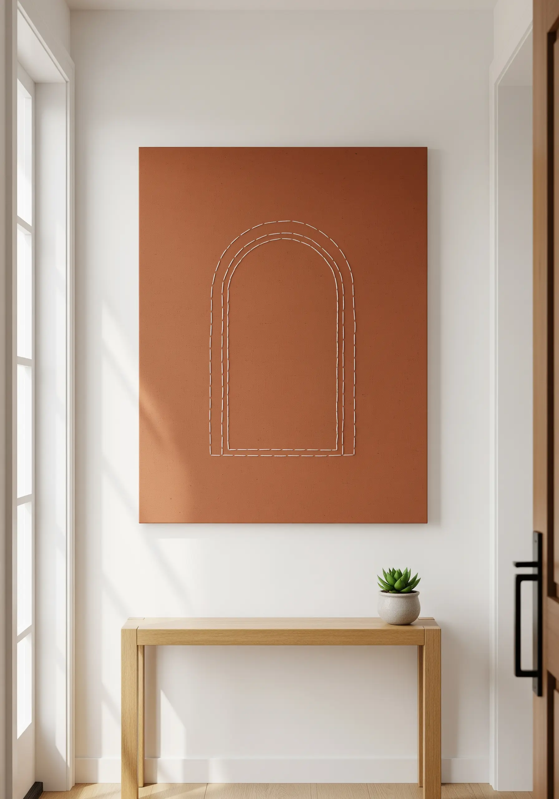 A simple arch outlined in white running stitch on a terracotta-colored canvas.