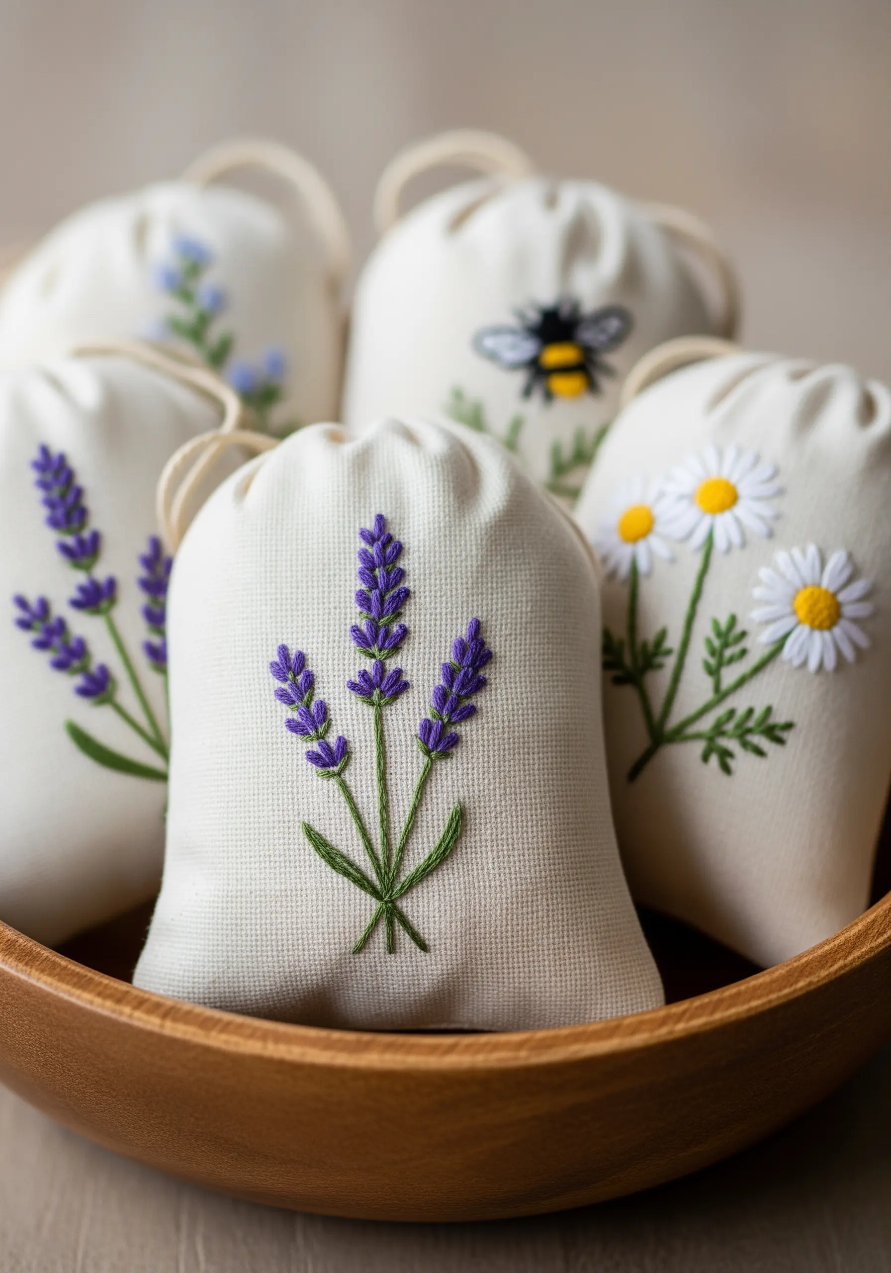 A collection of small, embroidered linen drawstring bags with lavender, daisy, and bee motifs.