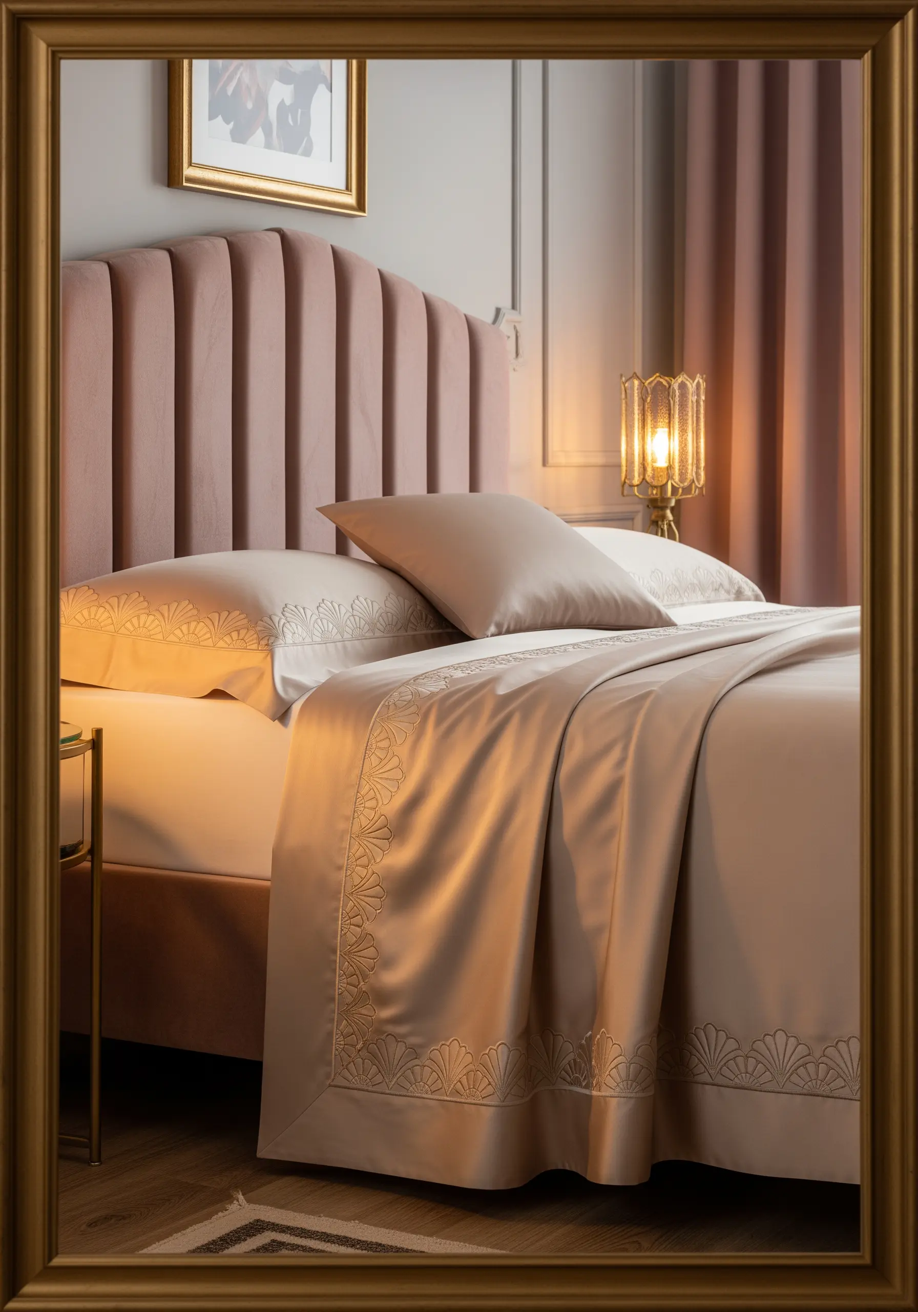 An elegant Art Deco fan motif border embroidered on champagne-colored sateen sheets.