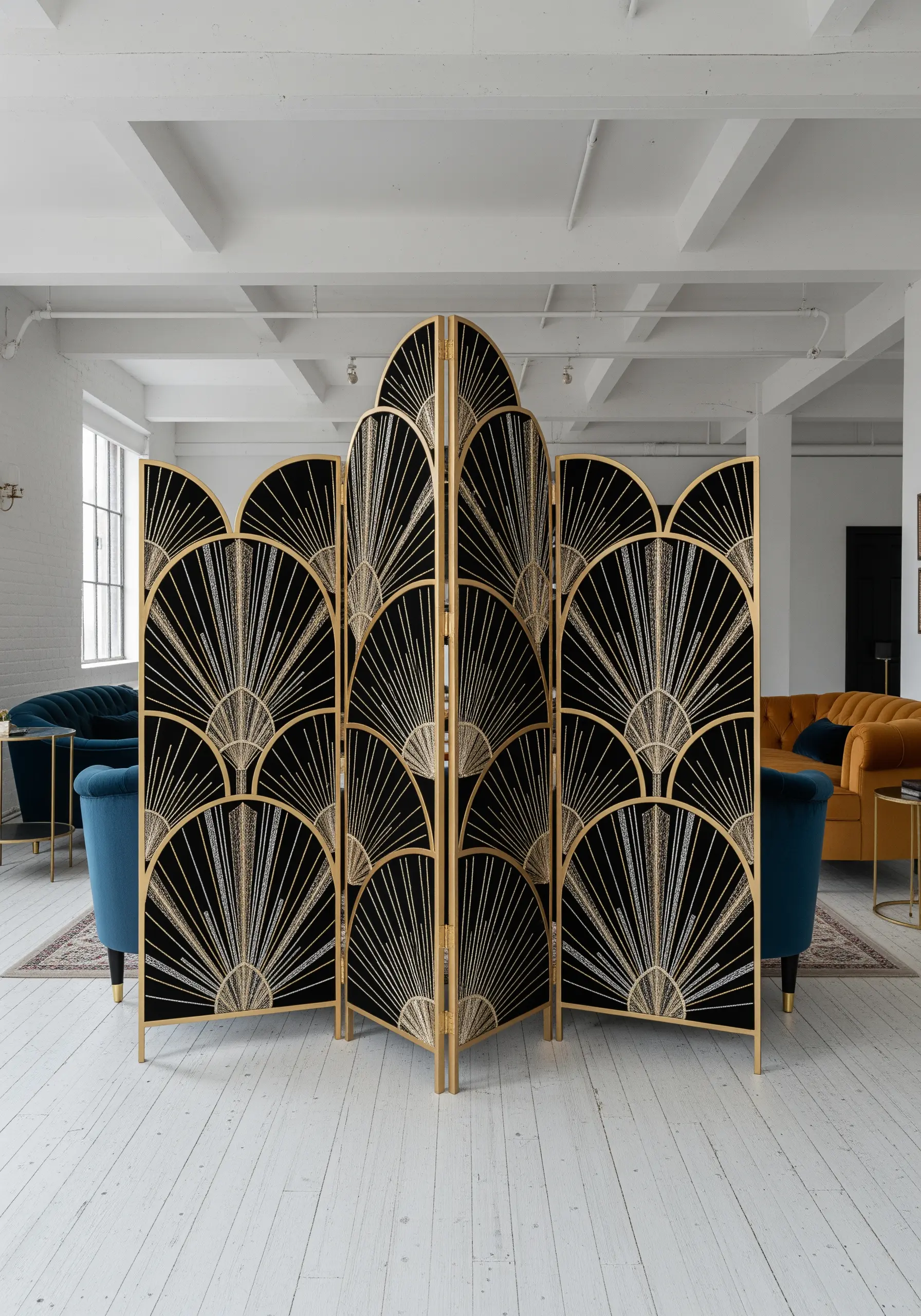 Art Deco sunburst patterns embroidered in metallic gold thread on black fabric panels.