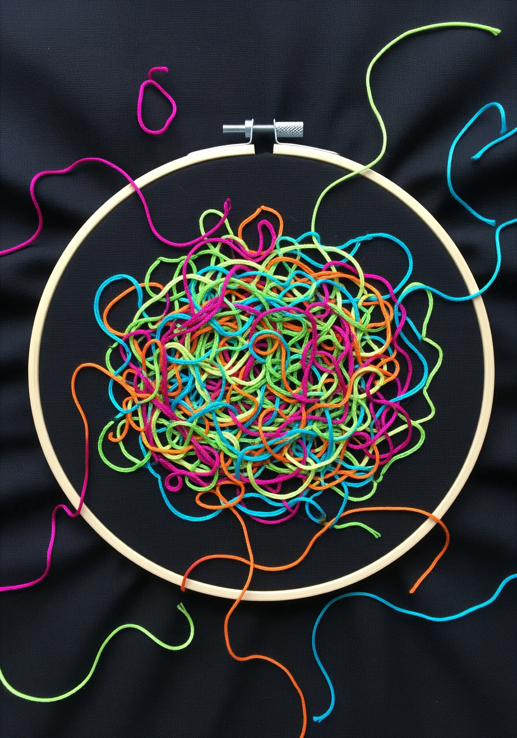 A chaotic tangle of brightly colored neon embroidery threads on a black background.