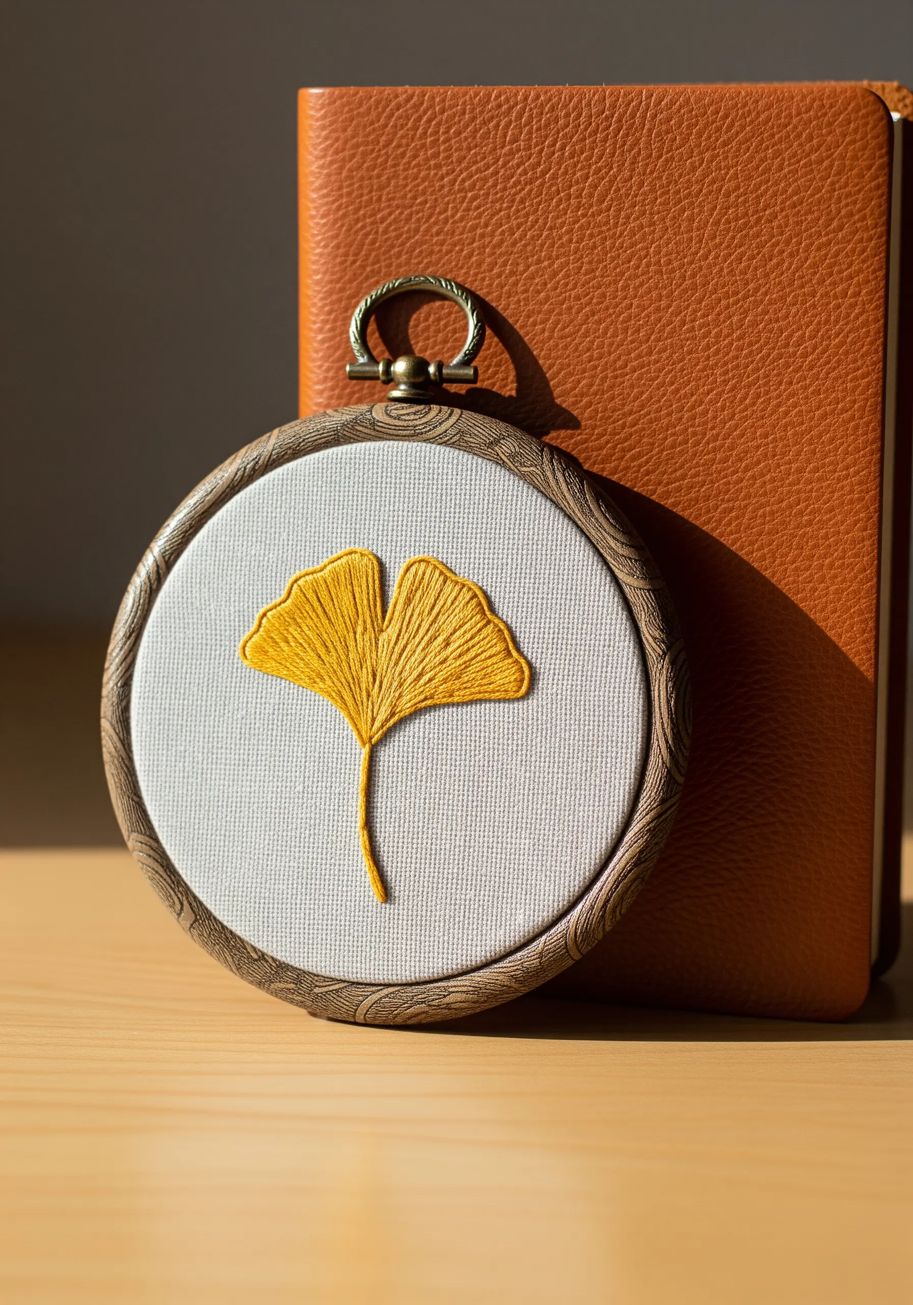 A single yellow ginkgo leaf filled with satin stitch in a decorative hoop.
