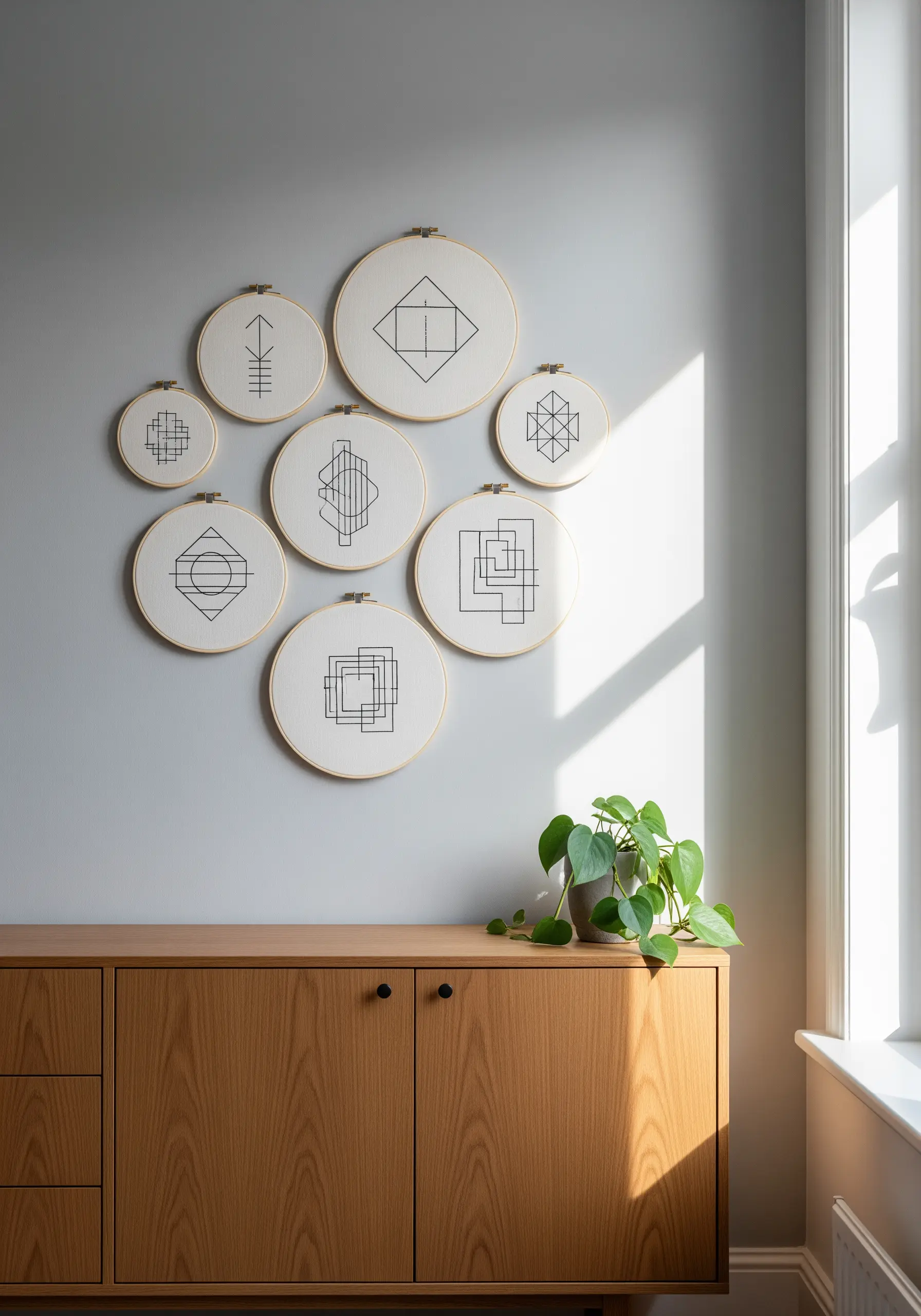 A gallery wall of hoops with black-thread geometric line art on off-white fabric.