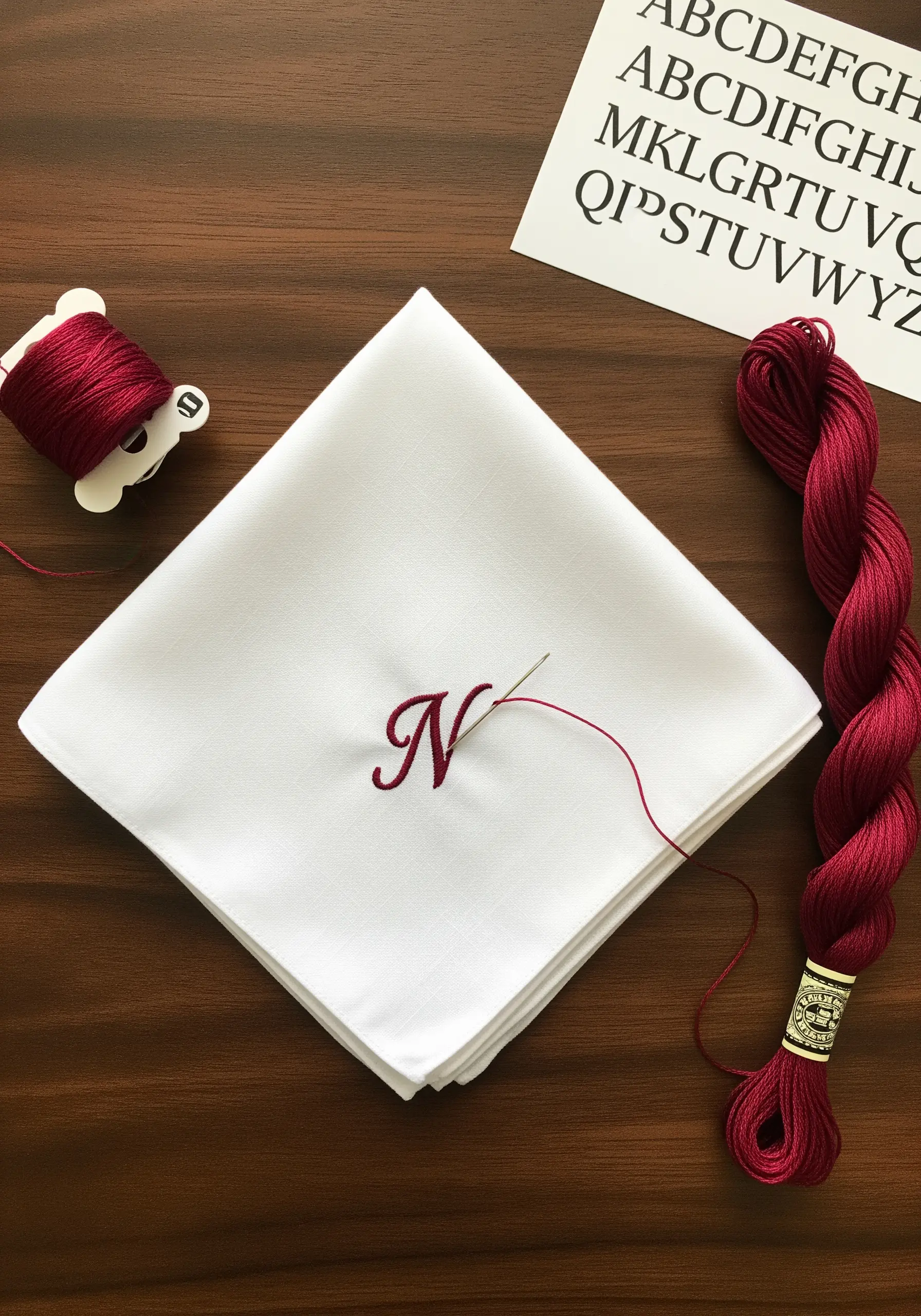 An elegant script 'N' monogram embroidered in deep red on a white handkerchief.