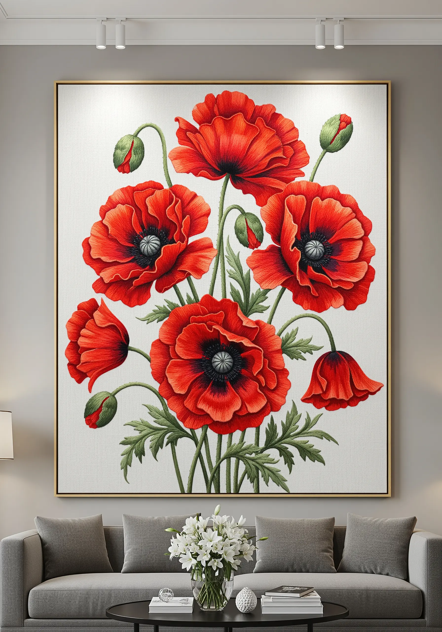 Large-scale framed embroidery of a red poppy bouquet in a living room.