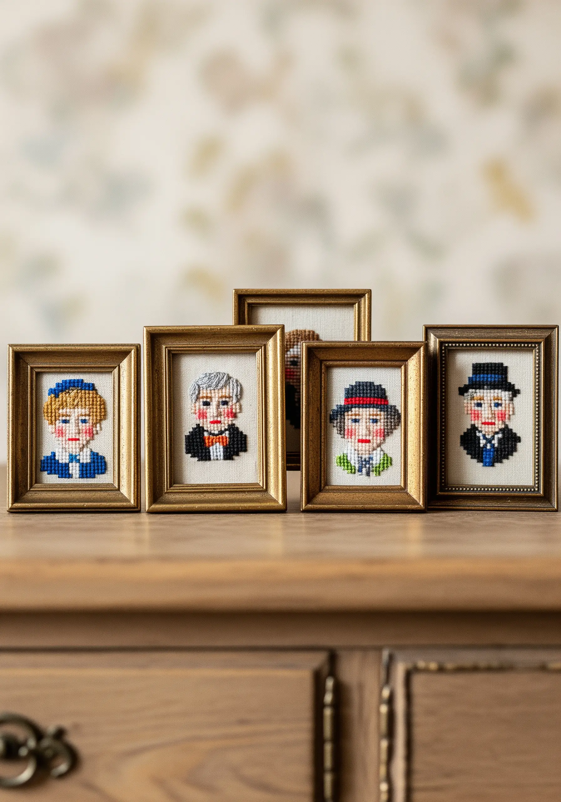 A collection of five tiny, framed cross-stitch portraits of different characters.