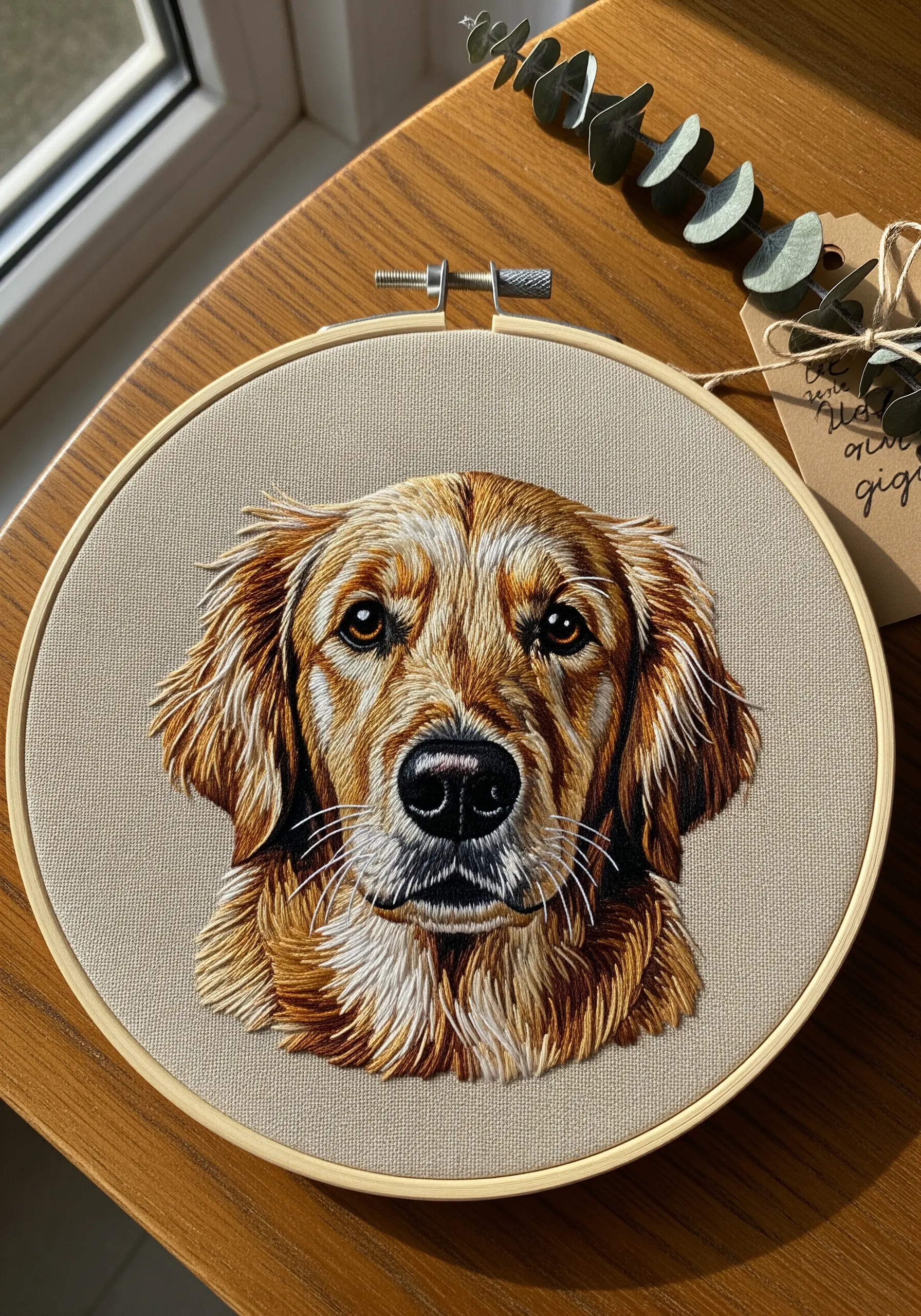 Detailed thread-painted portrait of a golden retriever in a wooden hoop.
