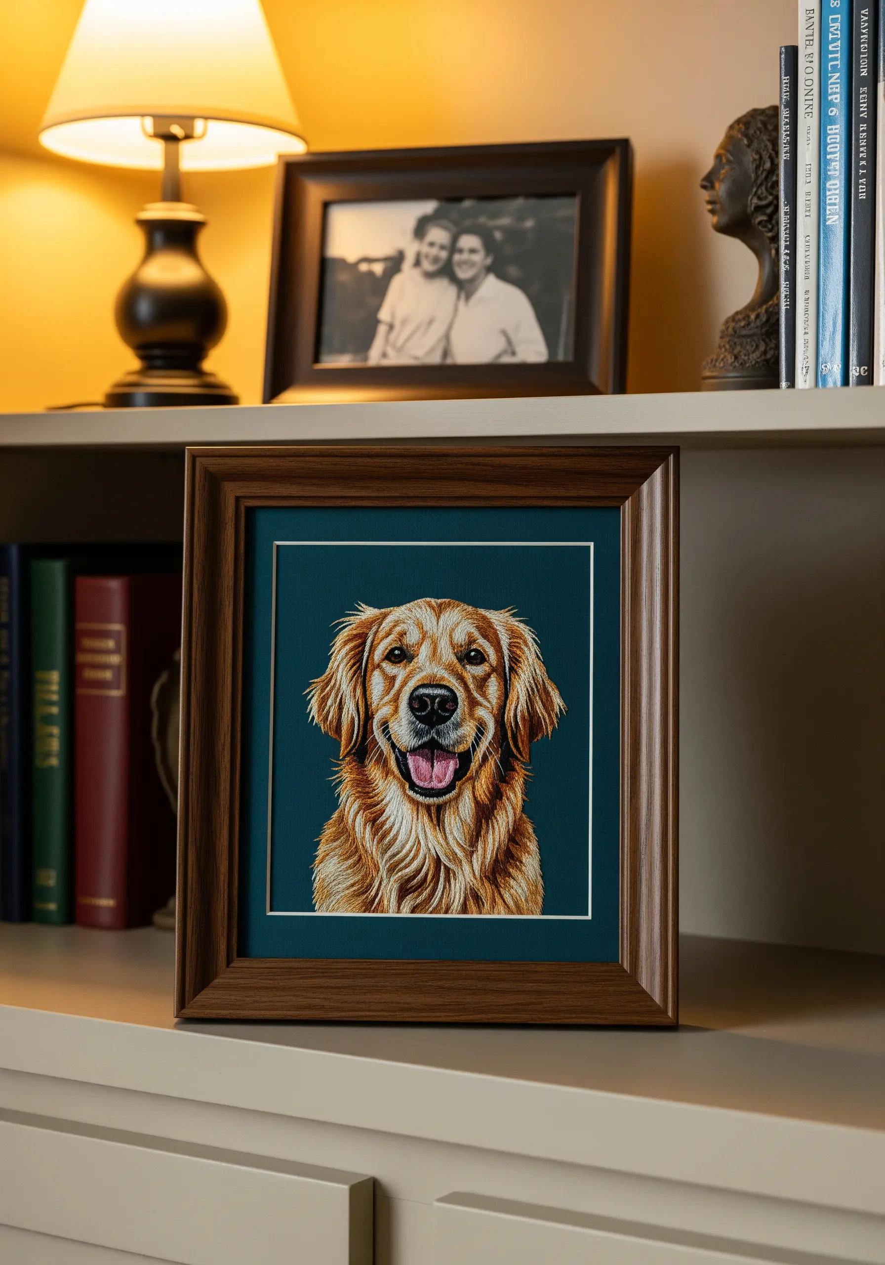 A highly detailed, thread-painted portrait of a golden retriever in a dark wood frame.