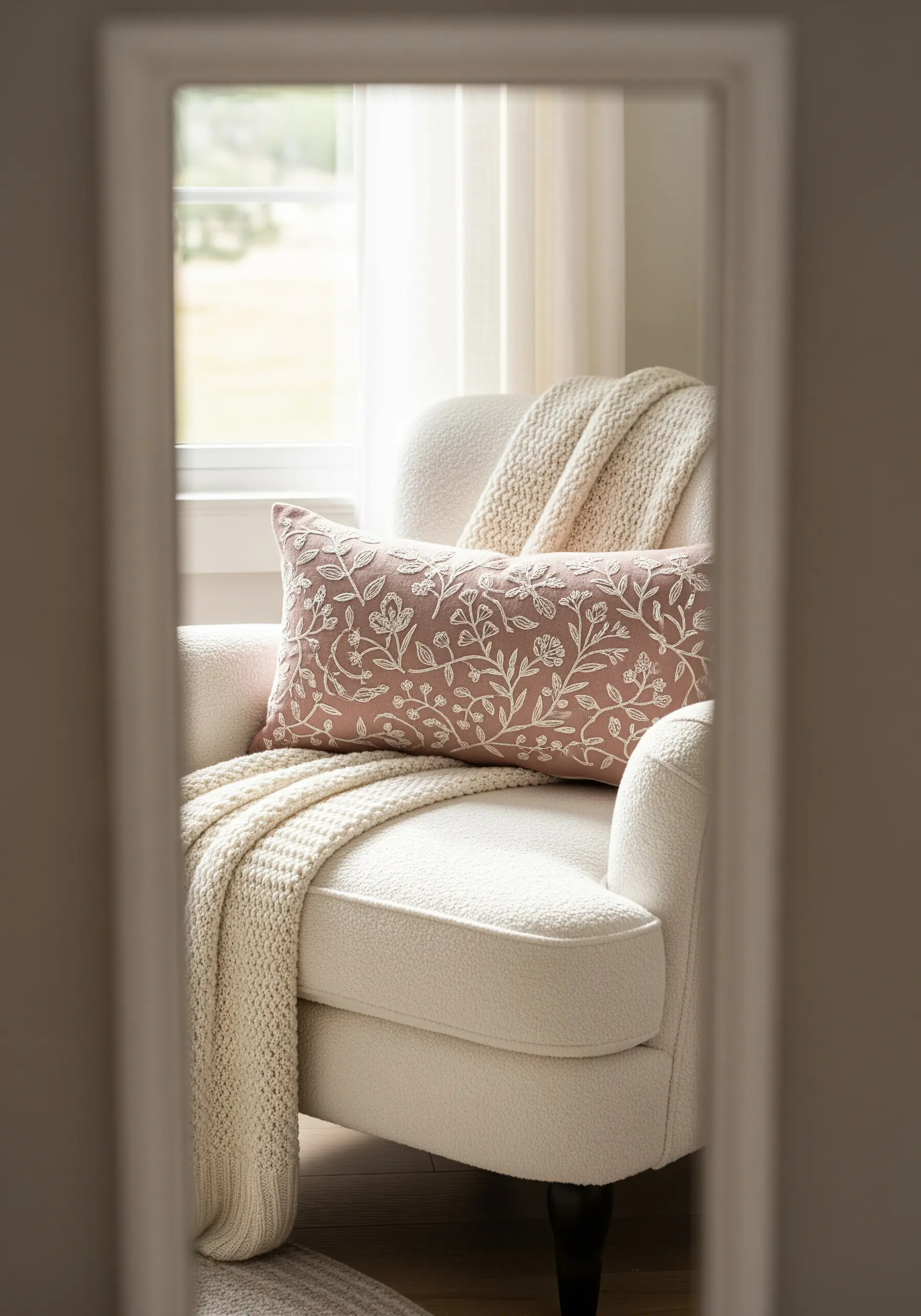 Dusty rose lumbar pillow with dense ivory floral and leaf embroidery.