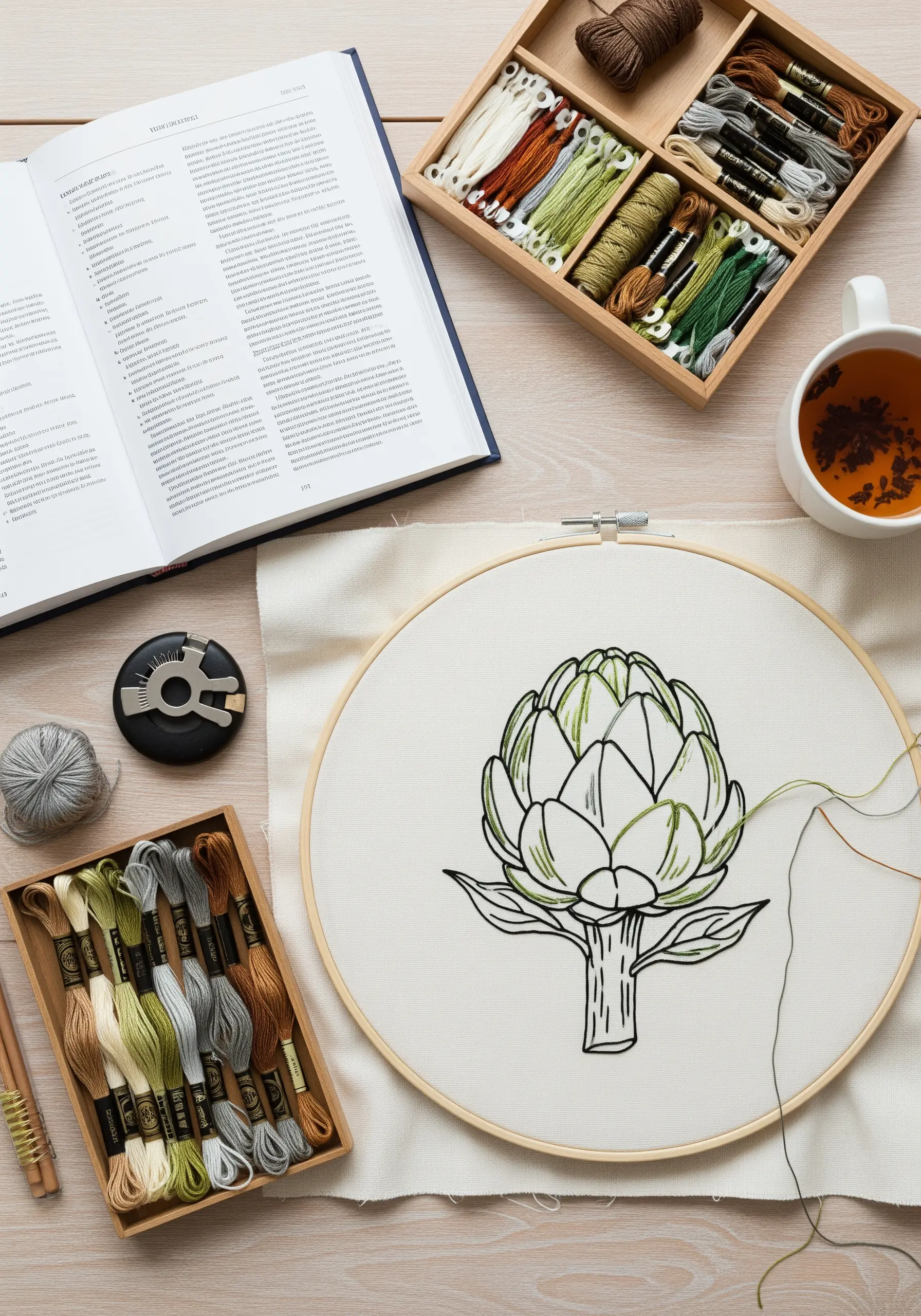 Line art embroidery of an artichoke being filled with green thread.