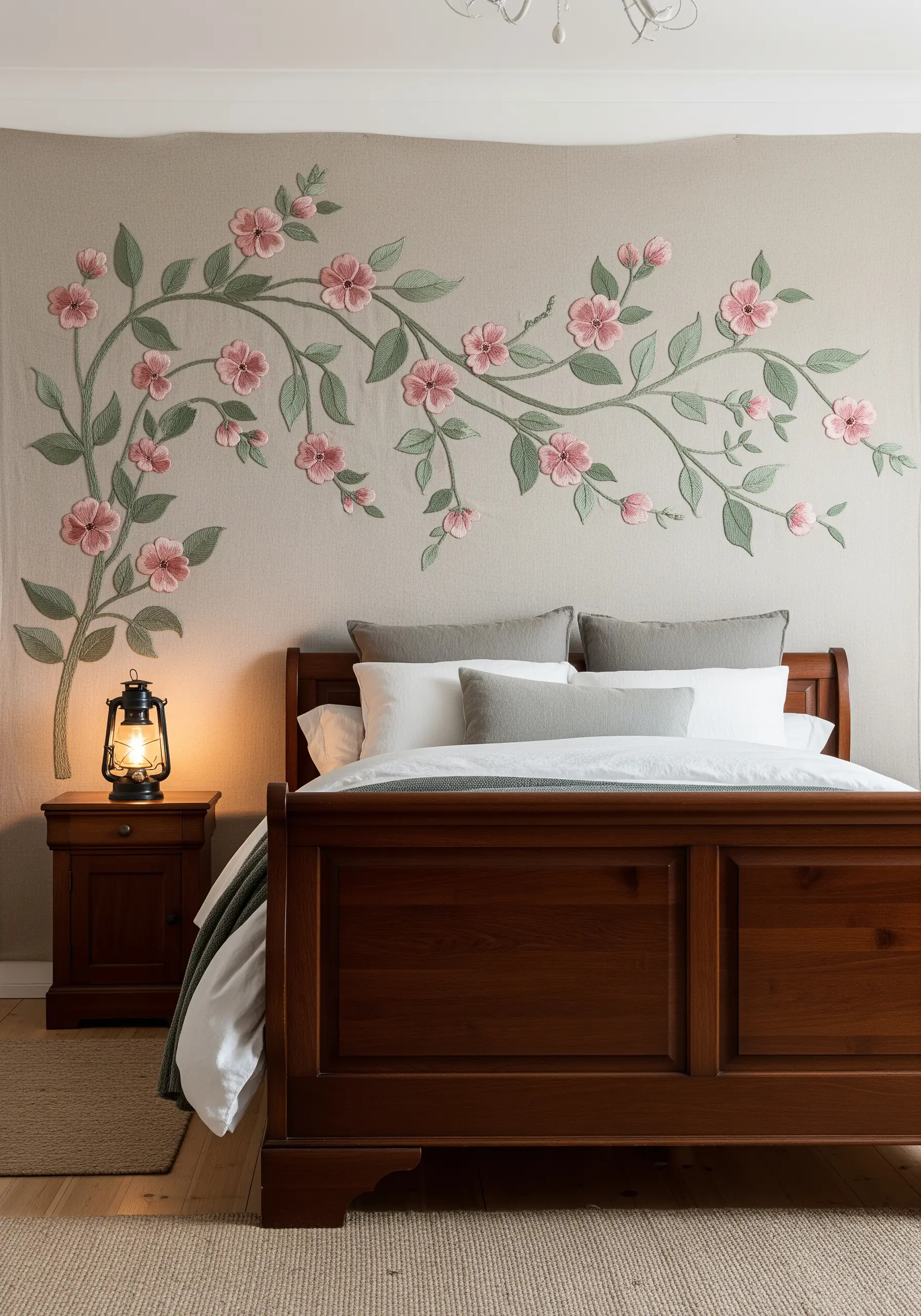 A sprawling embroidered vine with pink flowers and green leaves behind a wooden bed.