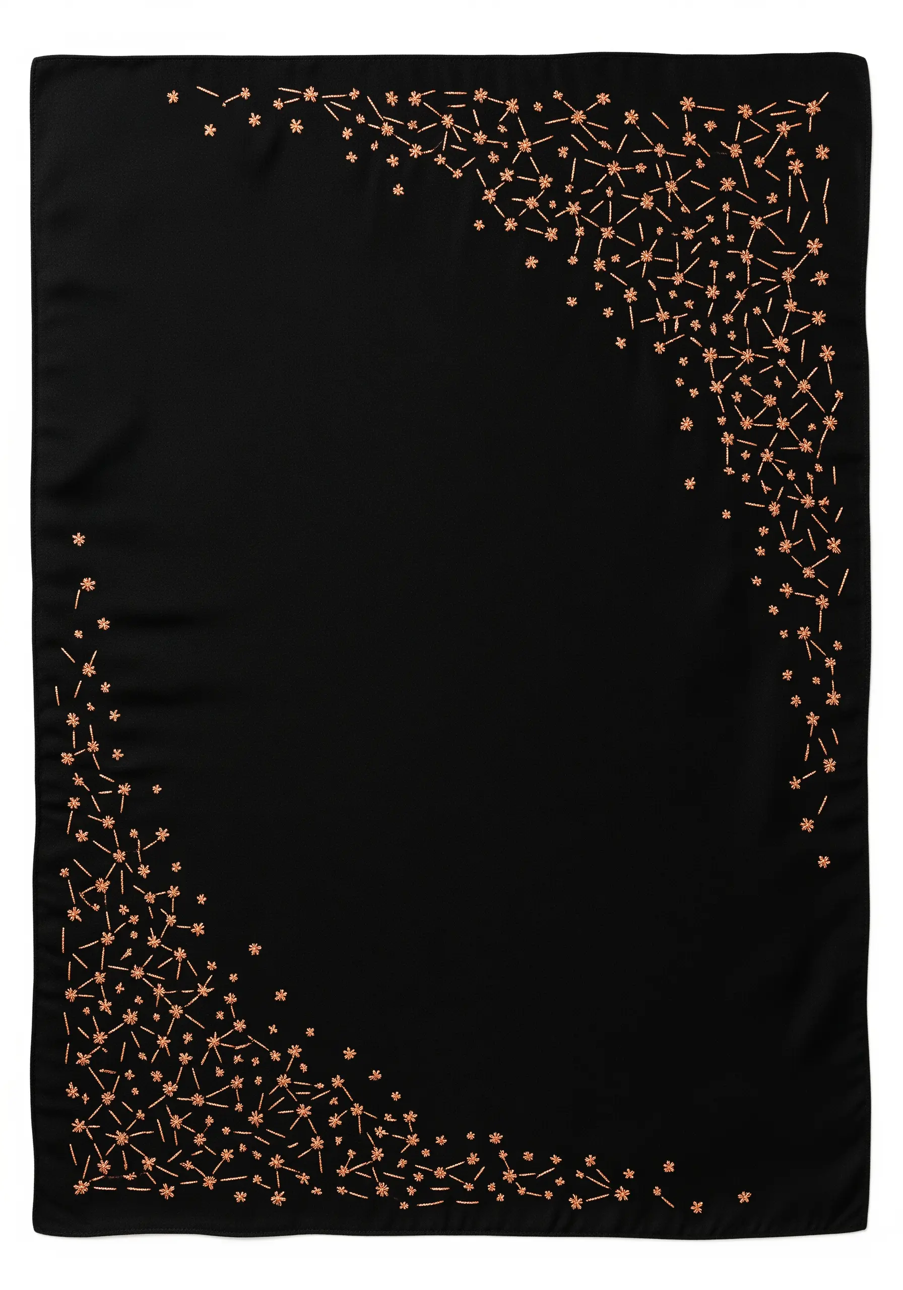 Asymmetrical border of copper-colored starburst flowers on a black scarf.