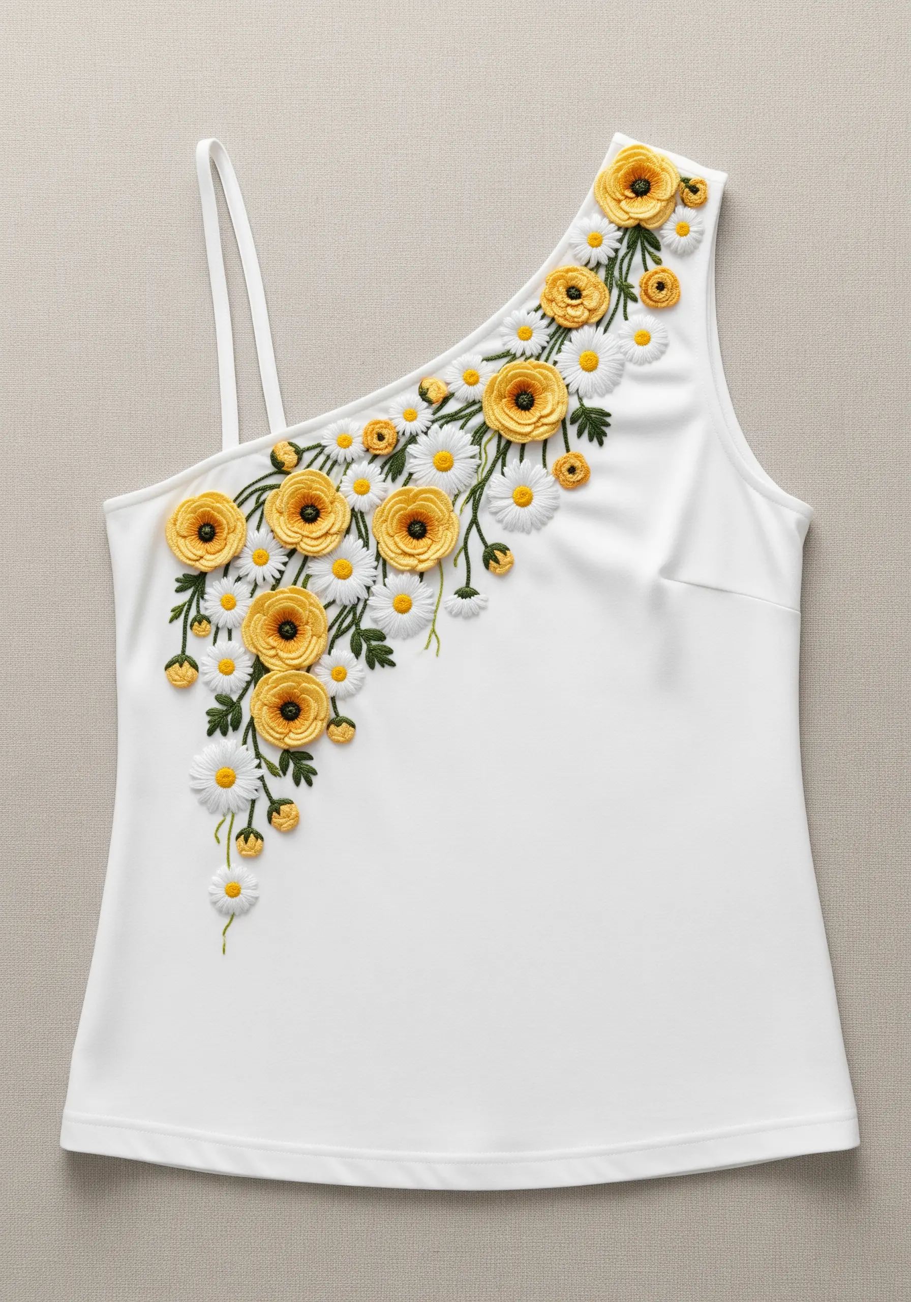 A cascade of 3D daisies and buttercups flowing down one shoulder of a white top.