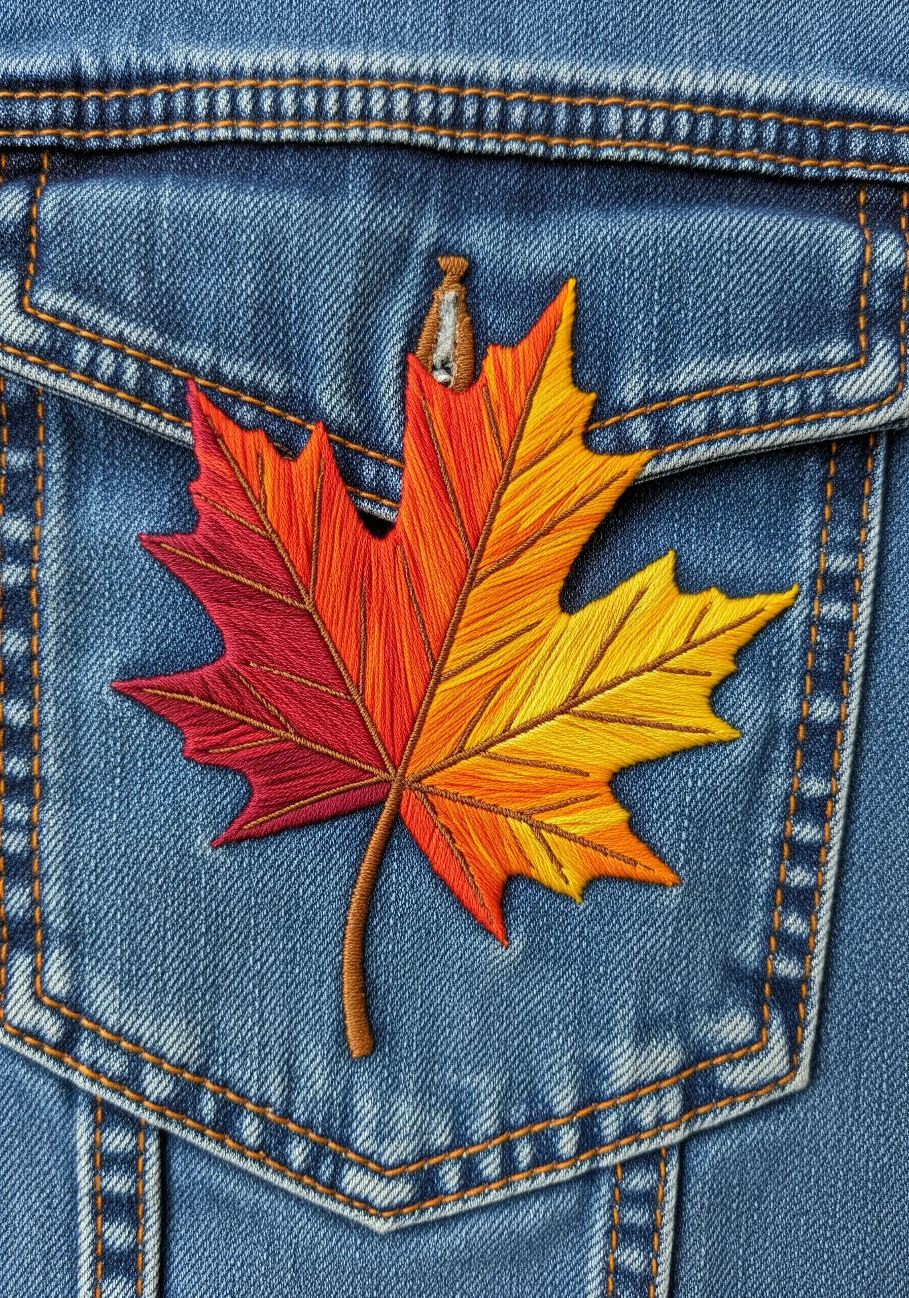 A large, realistic maple leaf embroidered on a pocket with a red, orange, and yellow gradient