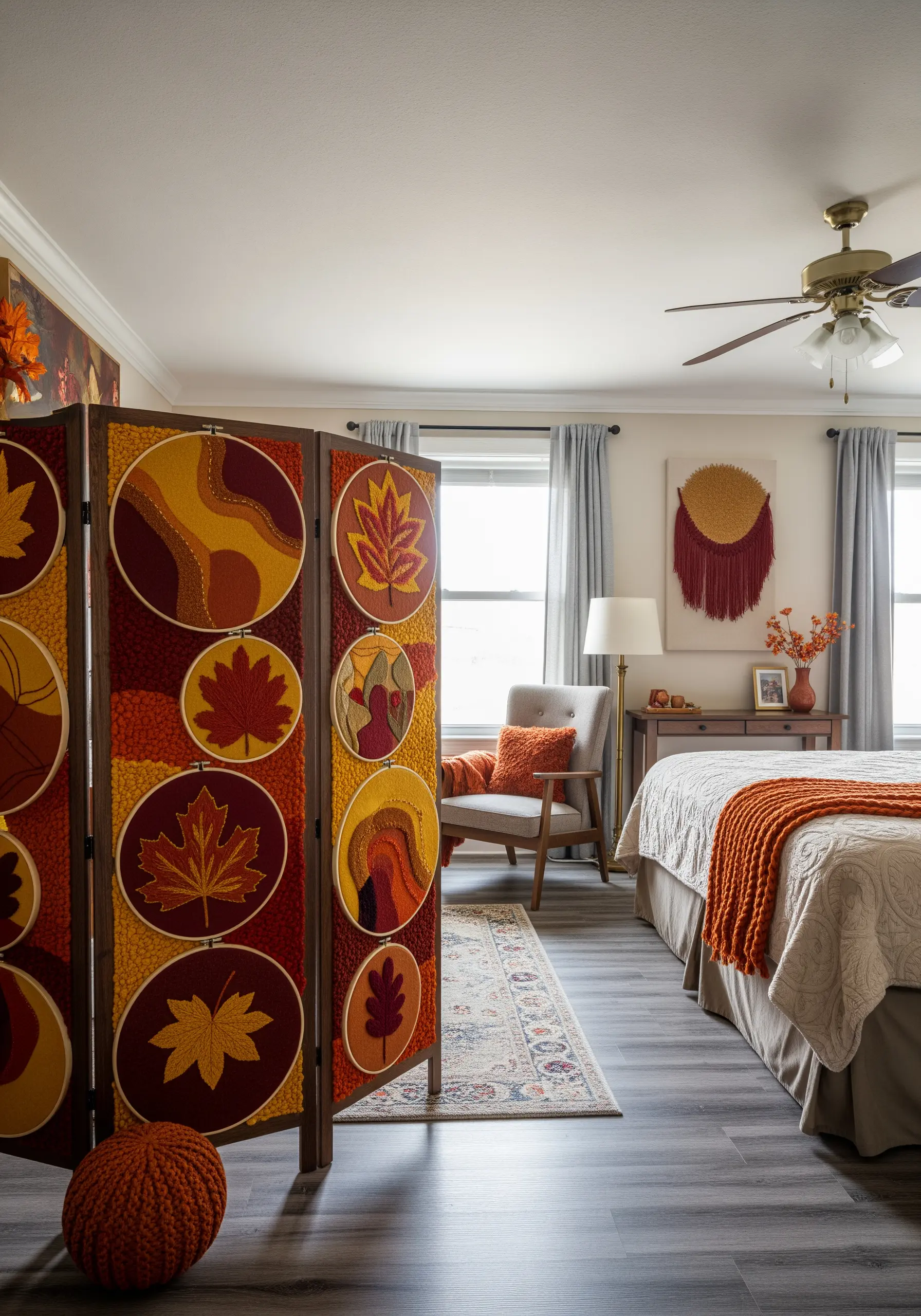 A folding screen with hoops featuring embroidered and felt appliqué autumn leaves.