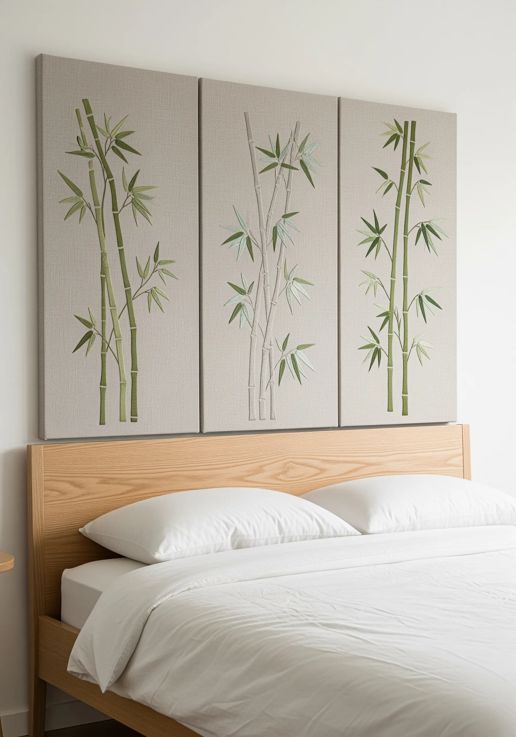 Three-panel embroidered wall art of bamboo stalks in shades of green.