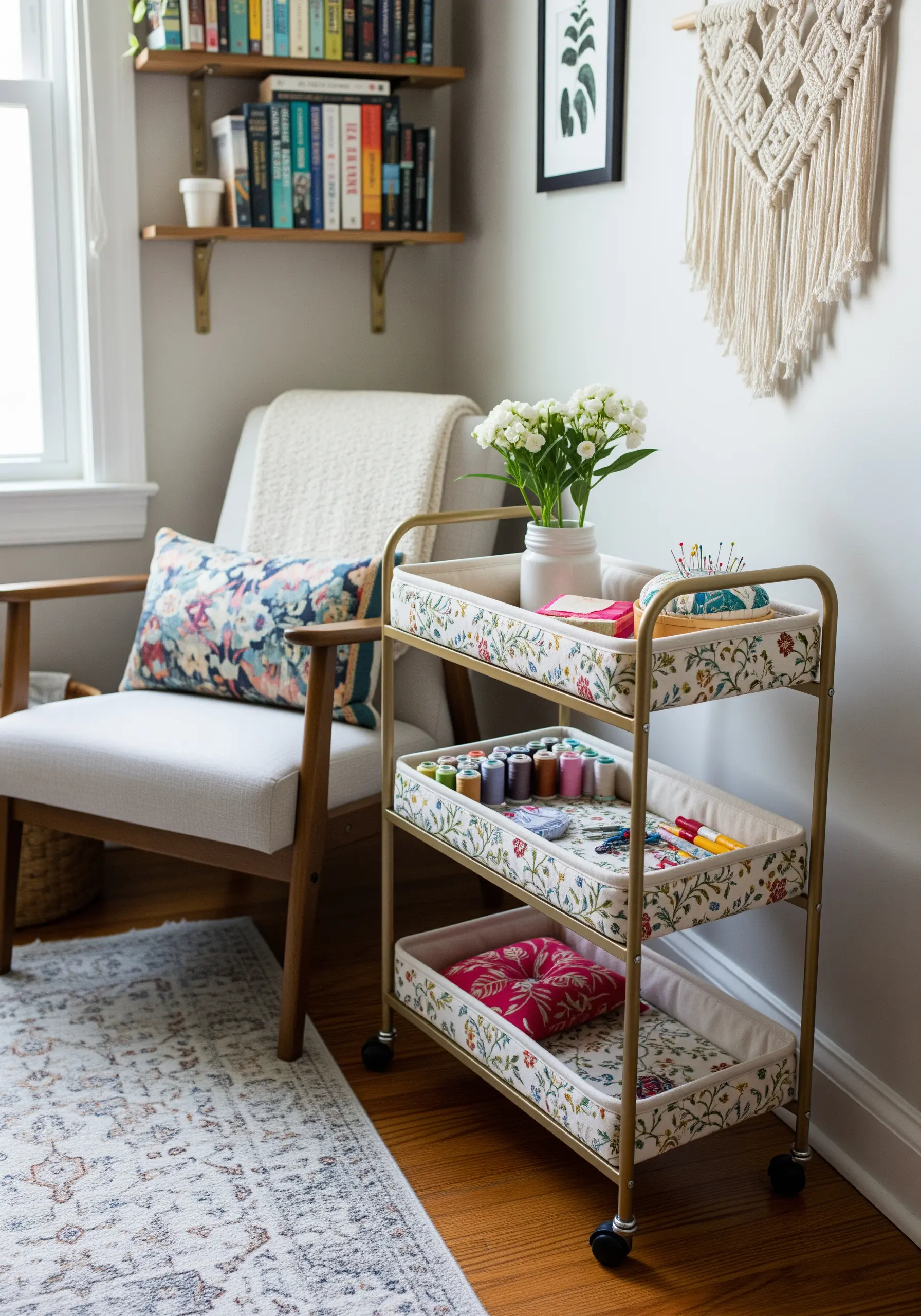 A three-tiered rolling utility cart with custom floral fabric liners for supplies.