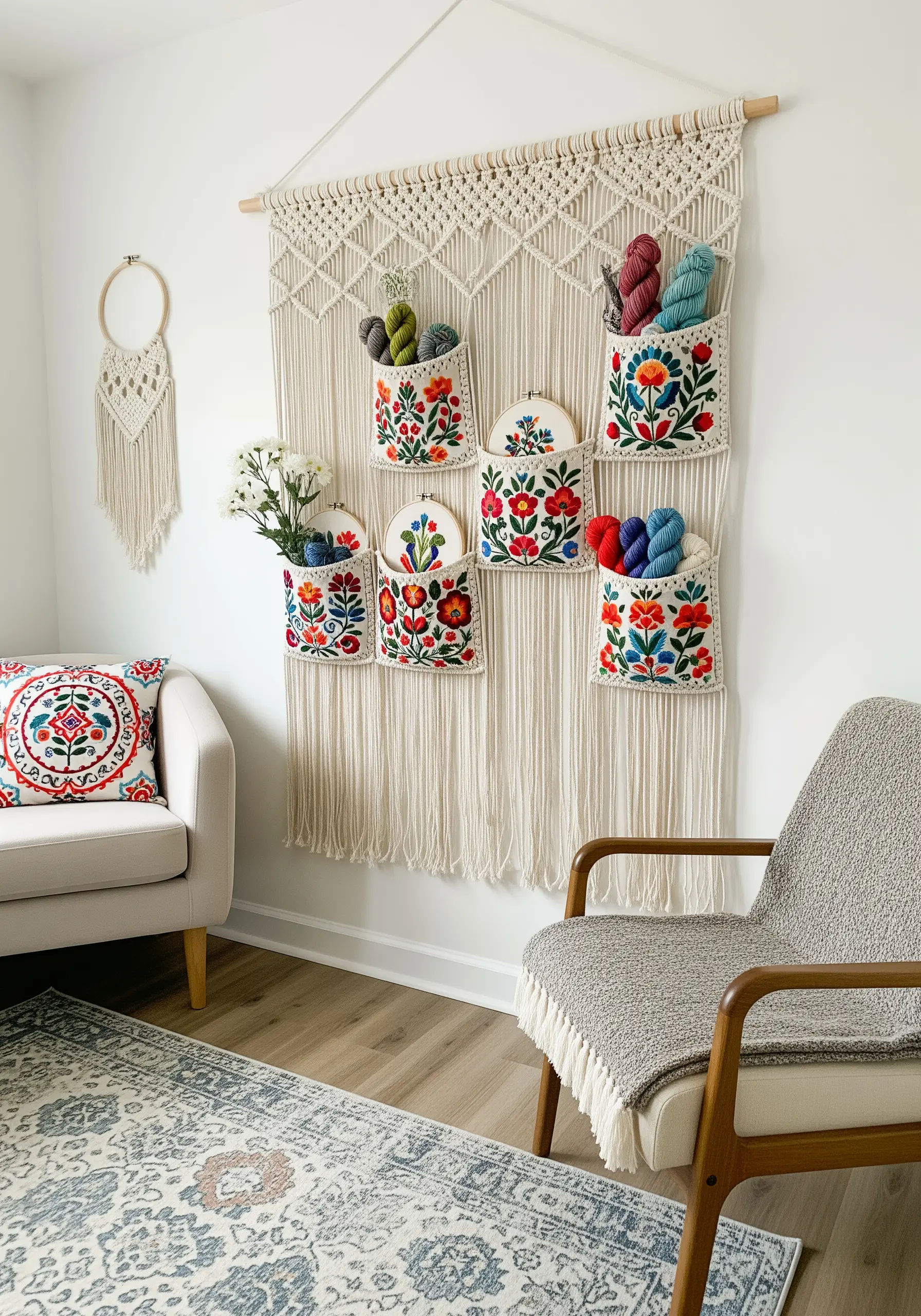 A macrame wall hanging with colorful floral embroidered pouches attached for storage.
