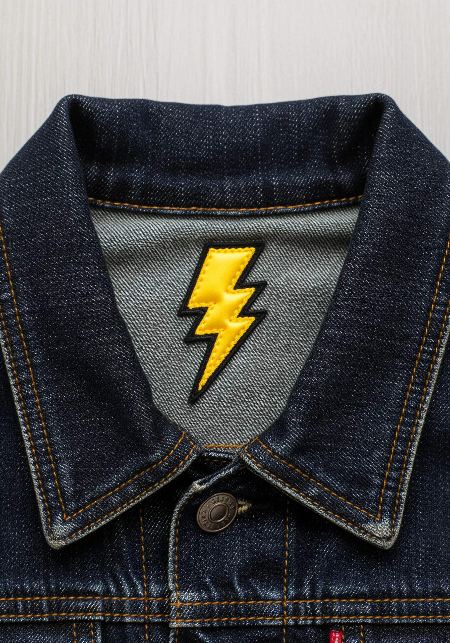 A yellow lightning bolt with a thick black border embroidered inside the collar of a denim jacket