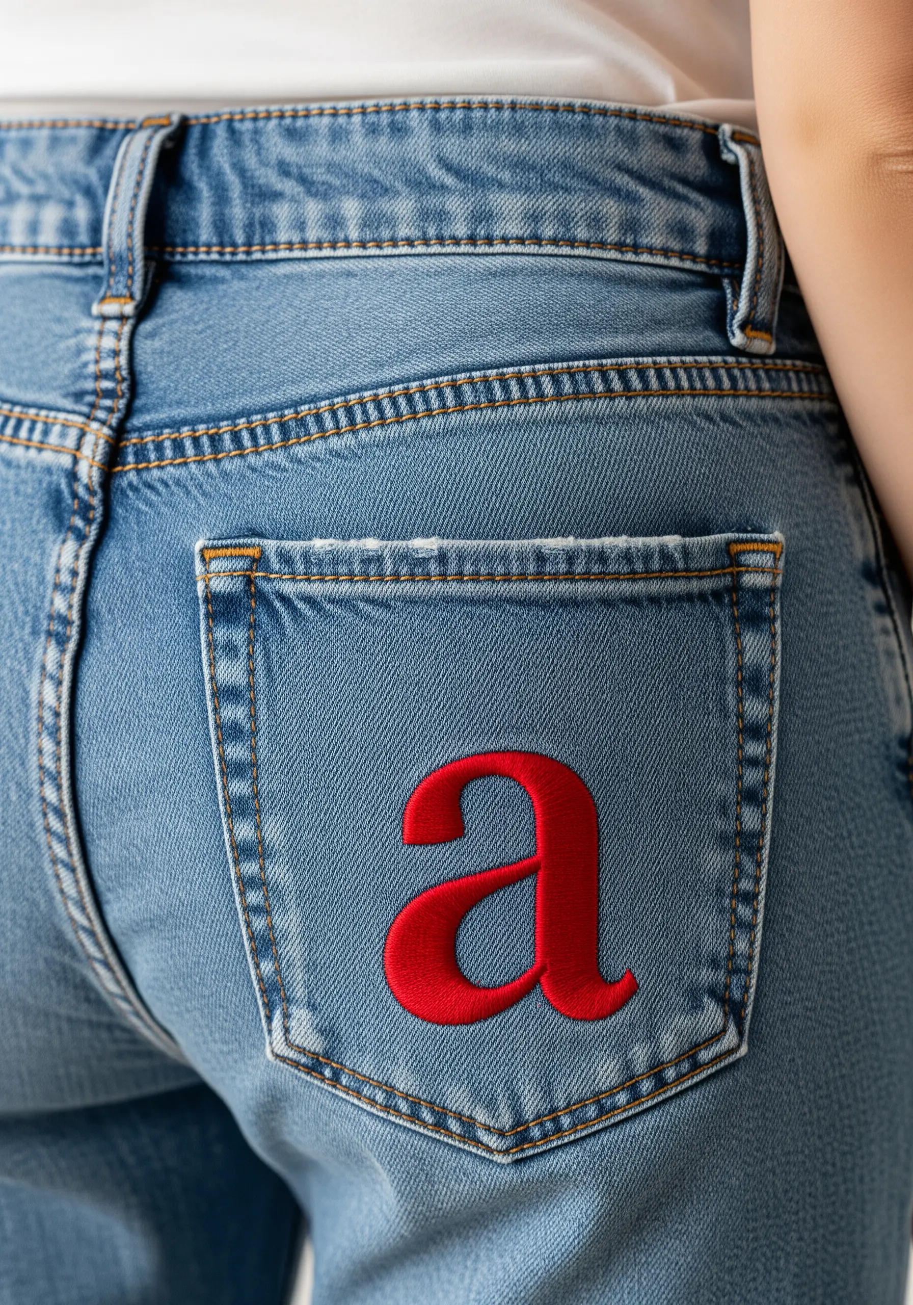 A bold, red lowercase letter 'a' embroidered in satin stitch on a jean pocket.