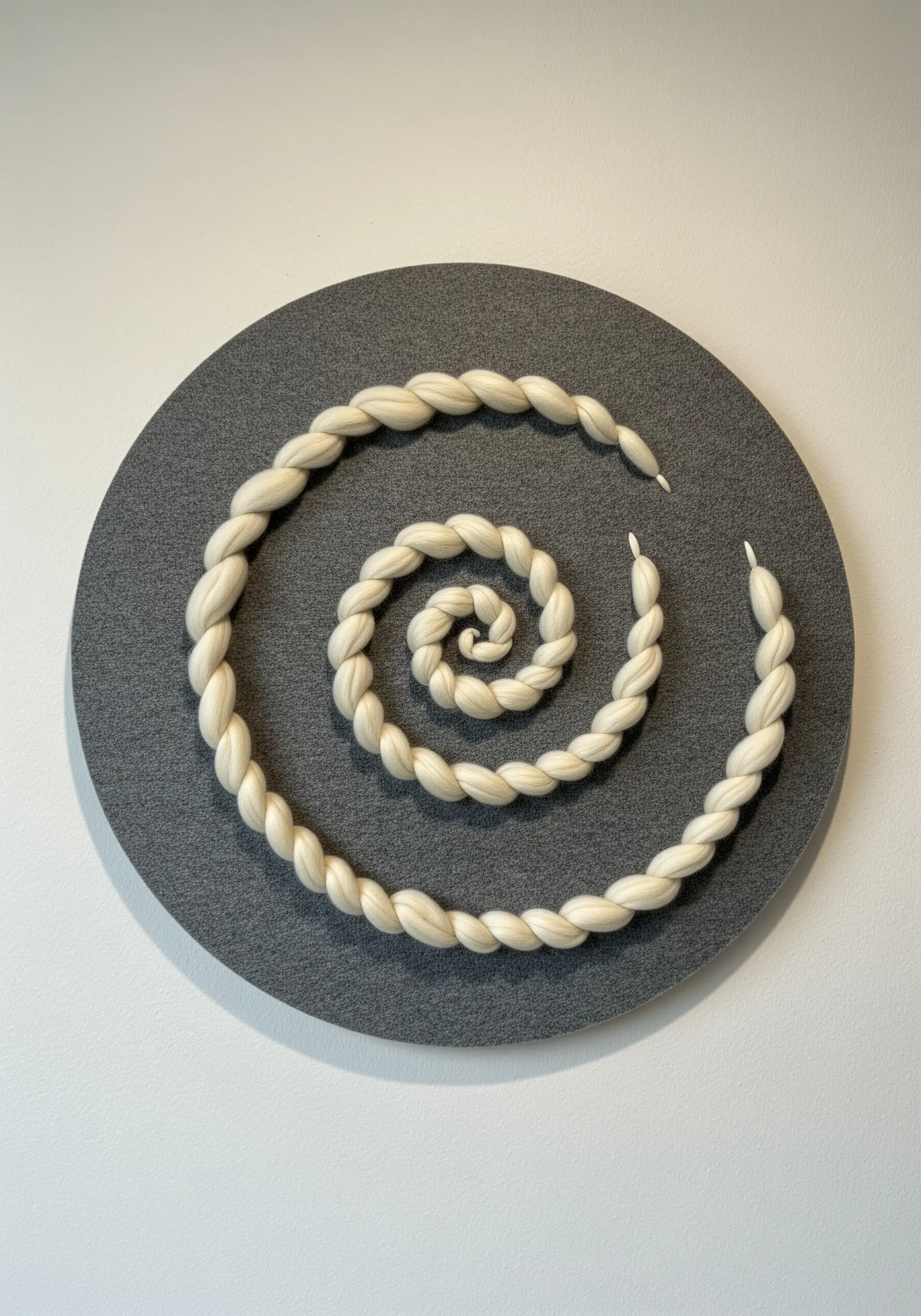 A sculptural spiral made of thick, twisted white roving couched on a gray circular canvas.