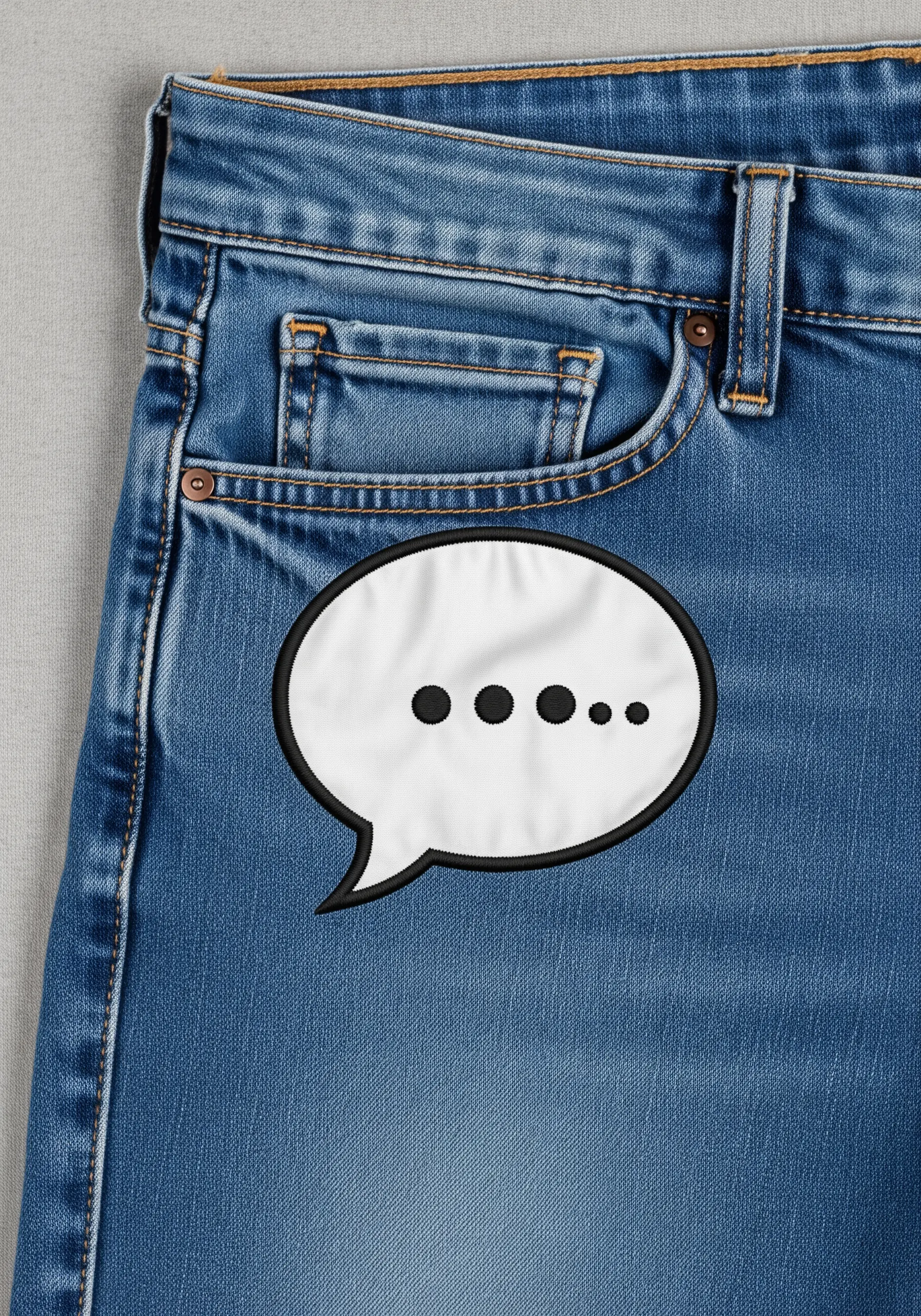 An embroidered speech bubble with a thick black outline and white fill on denim.