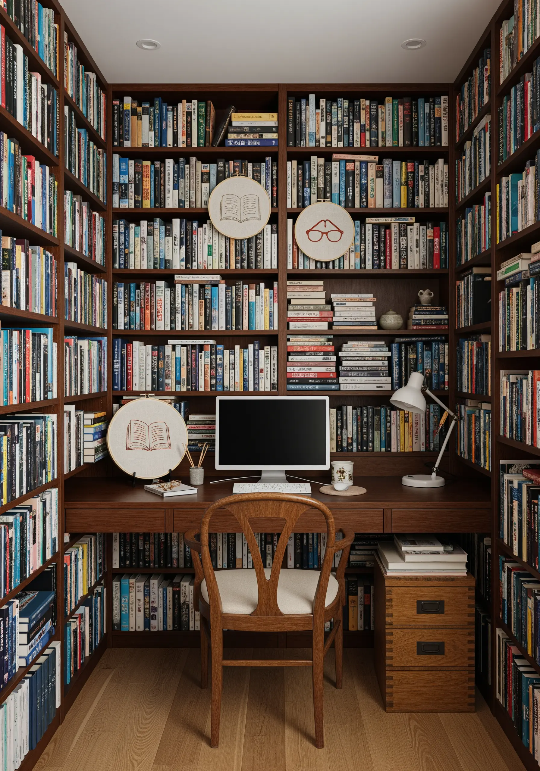 Three small embroidery hoops with book and glasses motifs tucked into a bookshelf.
