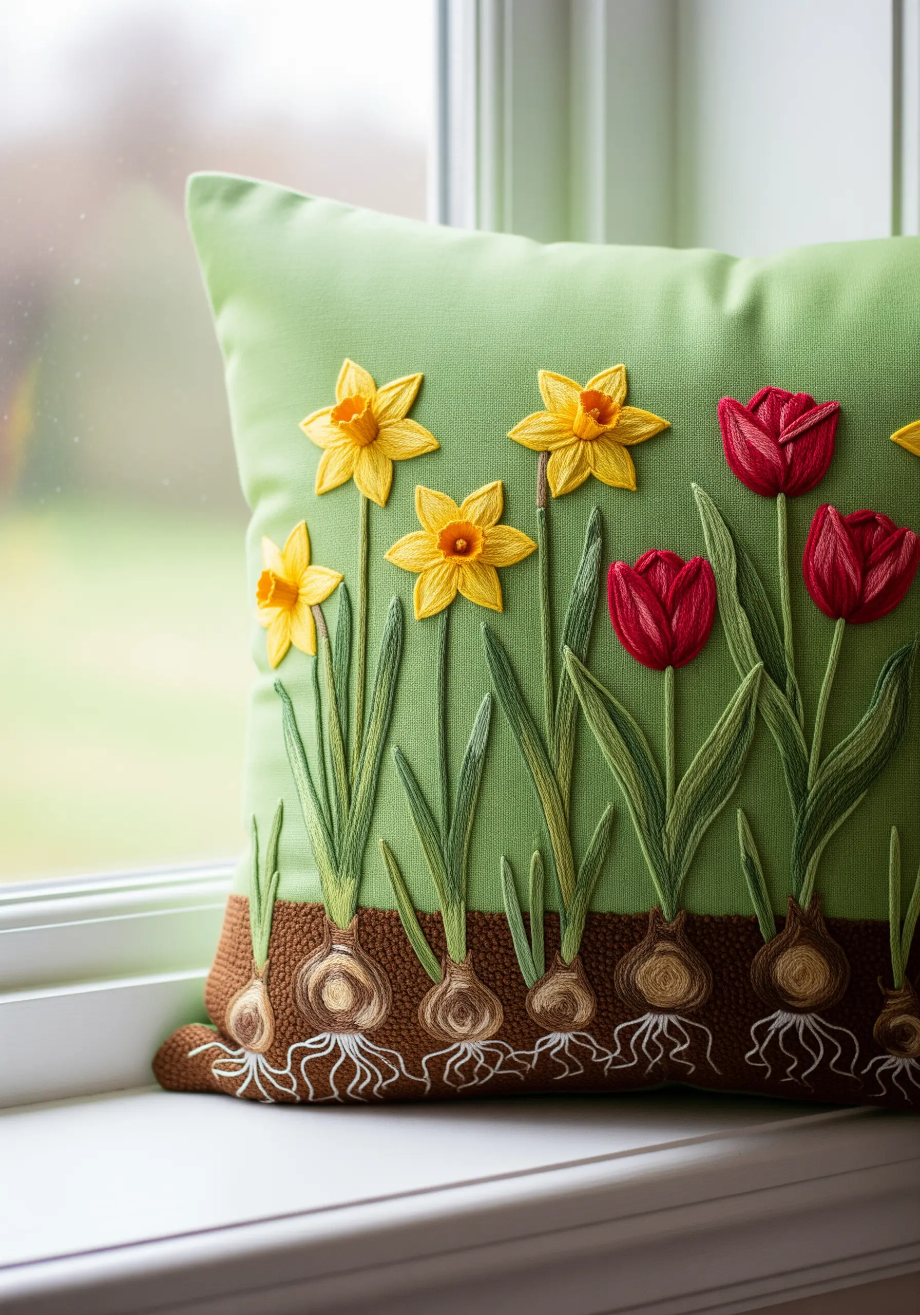 Embroidered tulips and daffodils showing the bulbs and roots beneath the soil.
