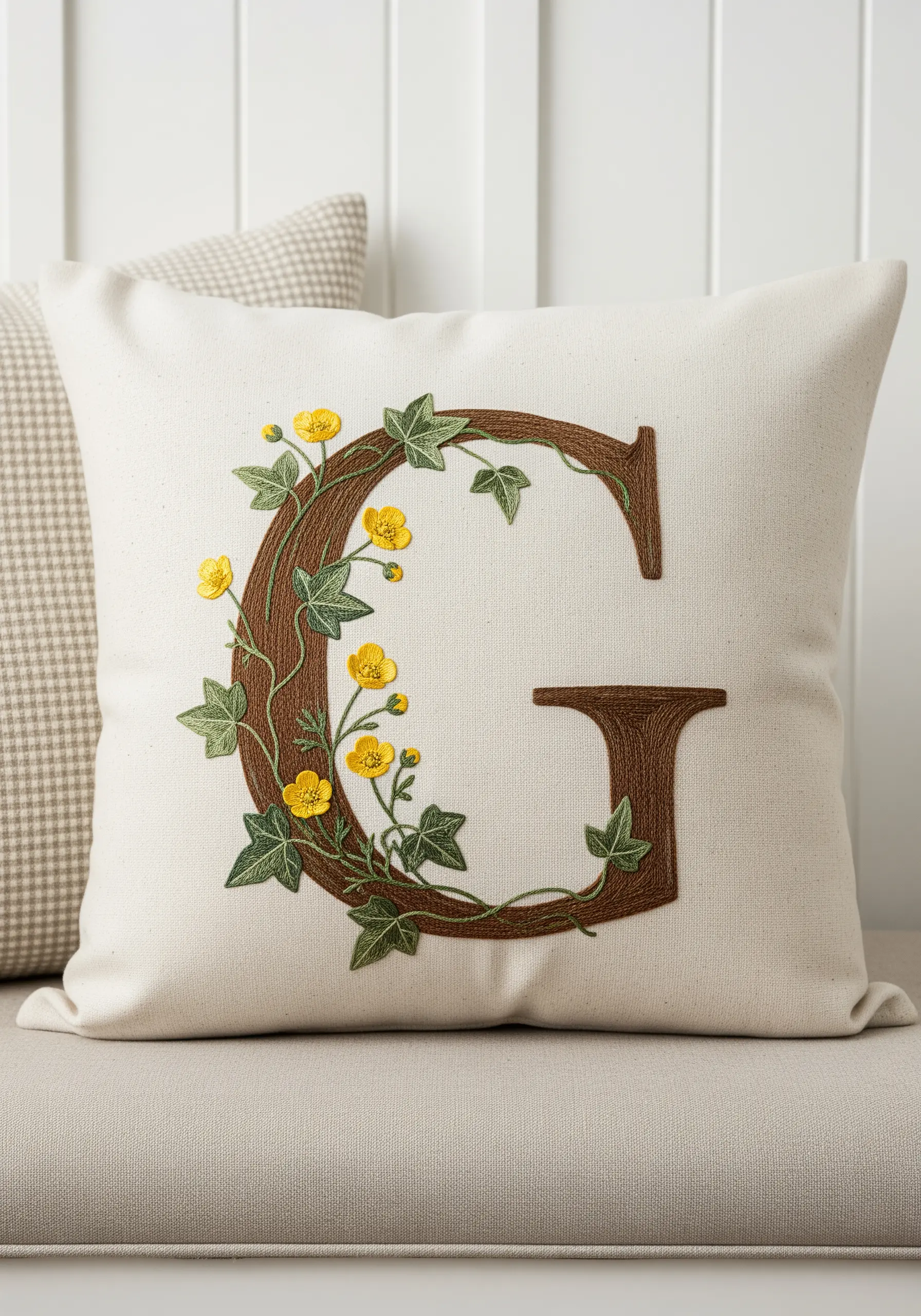 An embroidered letter G decorated with climbing ivy and yellow buttercups.
