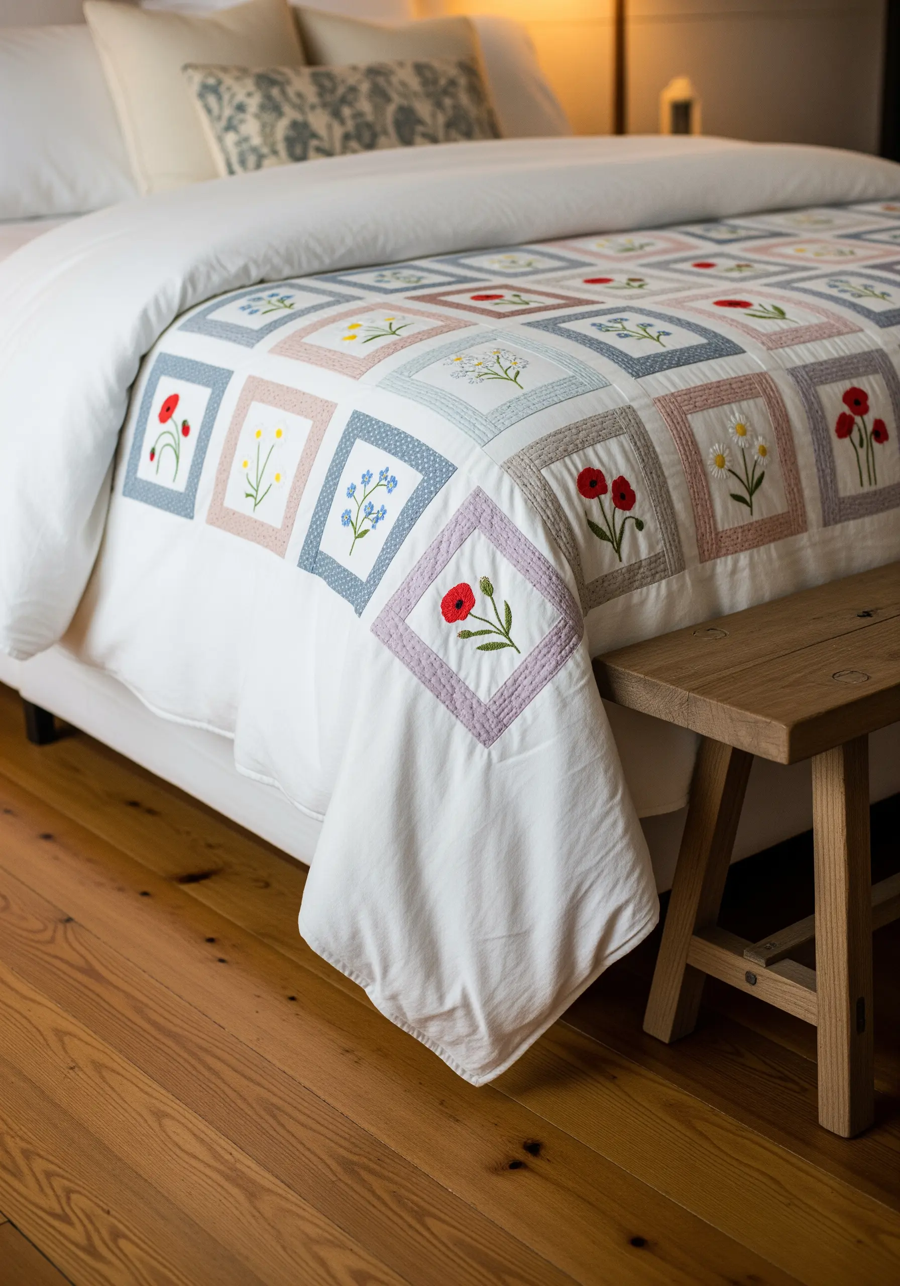 Quilted bedspread with individual squares embroidered with different wildflowers.